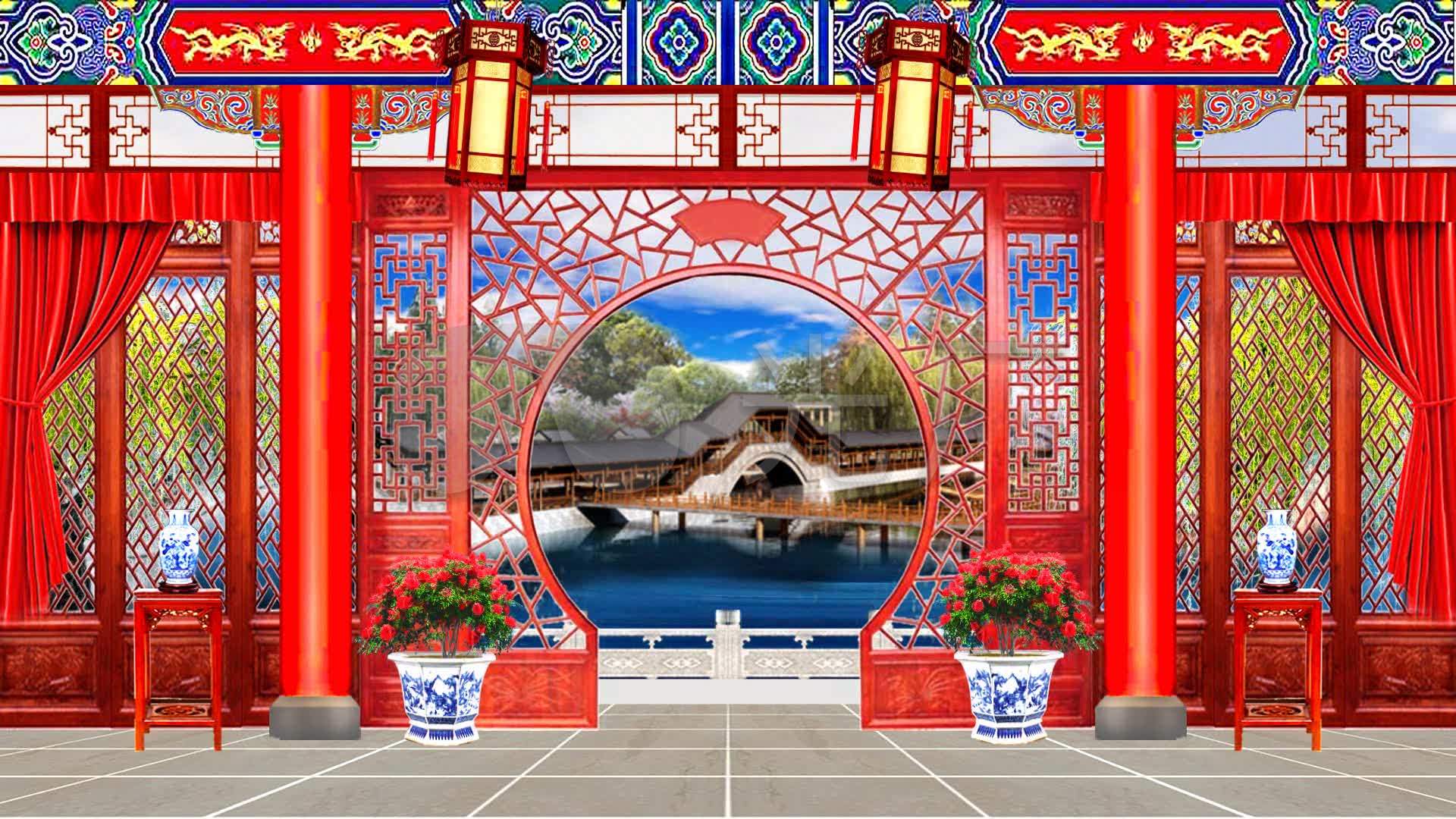 古代厅堂漏窗月亮门戏曲舞台背景03