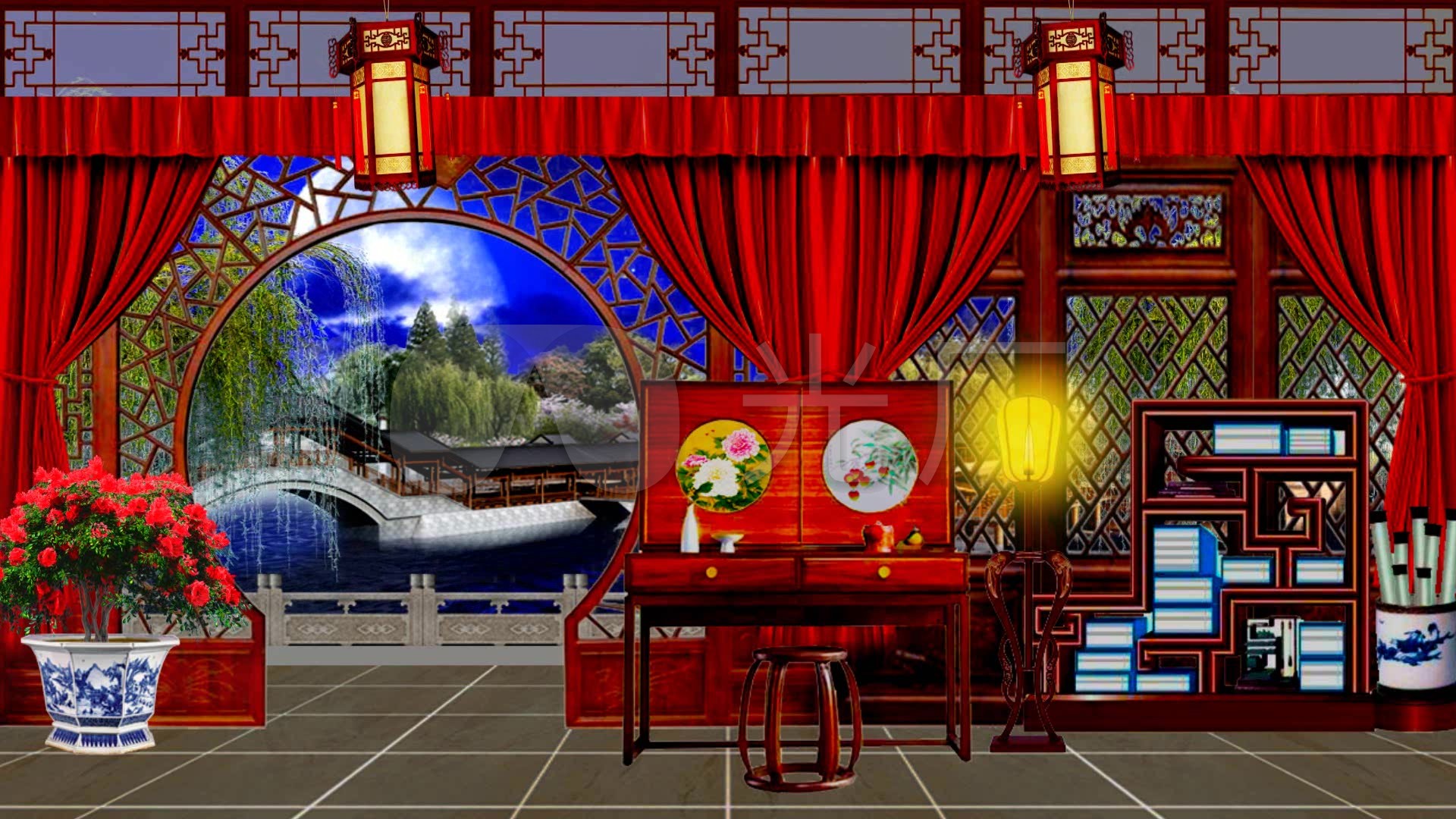 古代厅堂月亮门书房戏曲背景-夜景4_1920x1080_高清