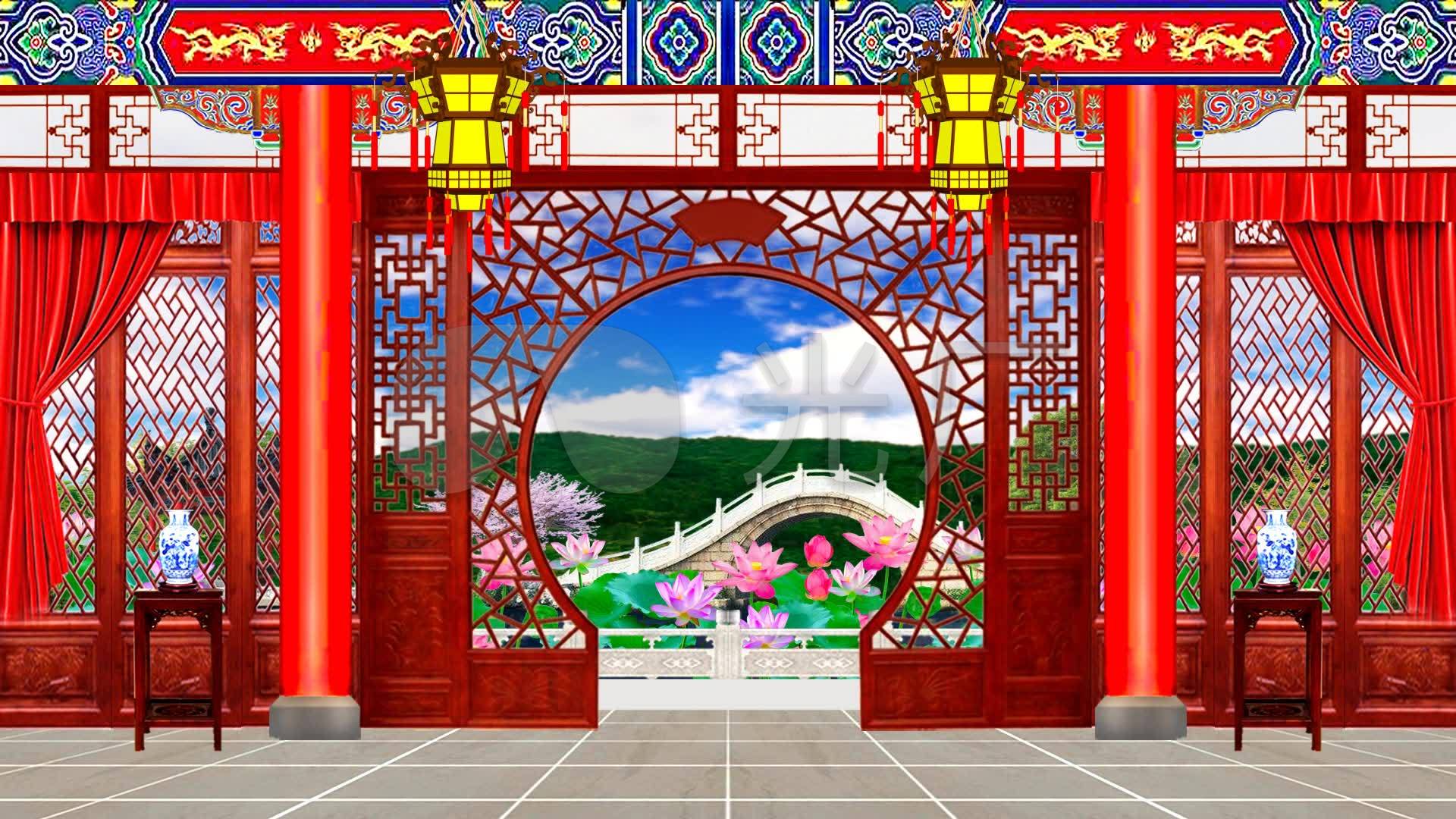 古代厅堂漏窗月亮门戏曲舞台背景7