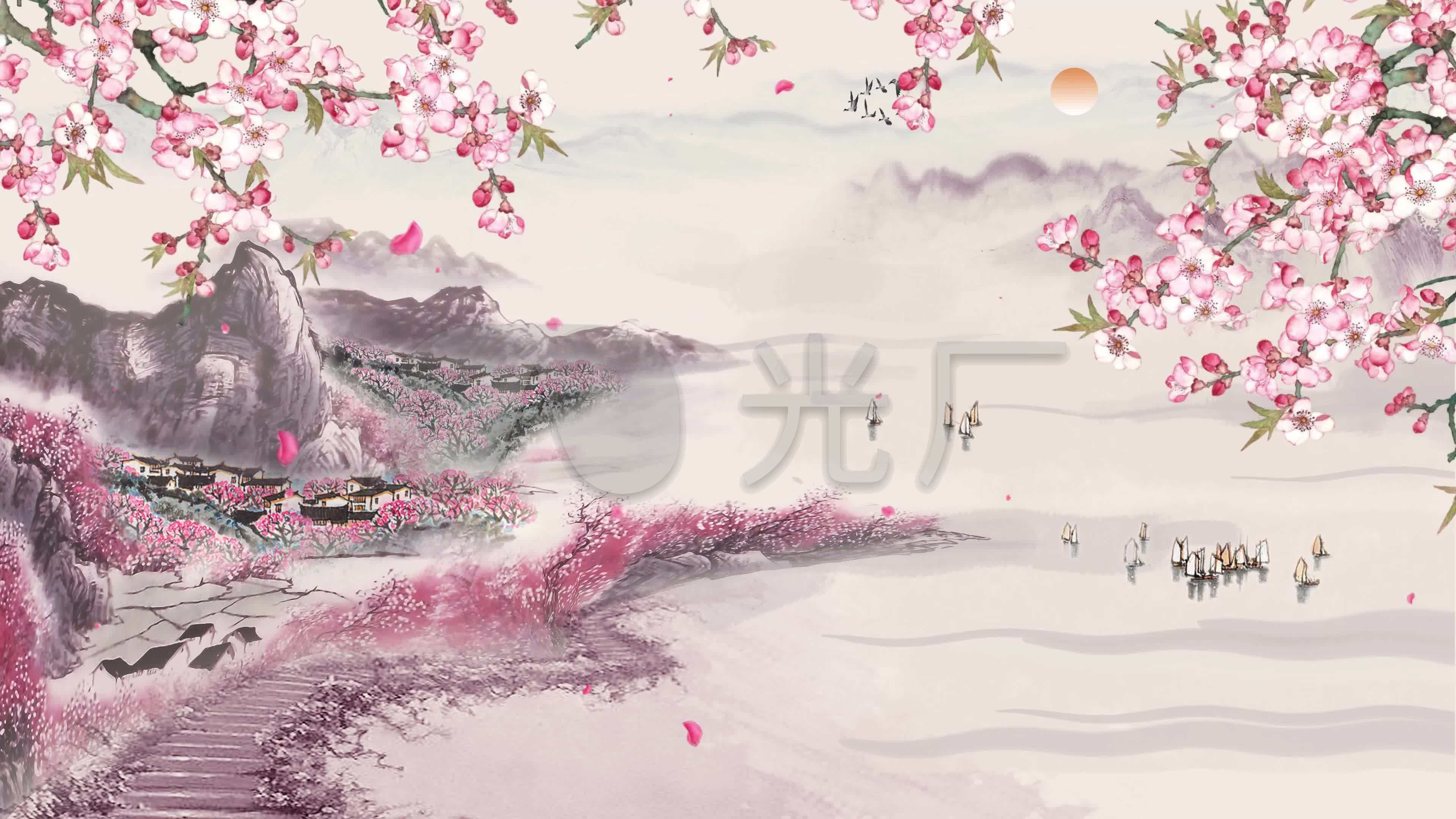 4k古风桃花山水led视频背景