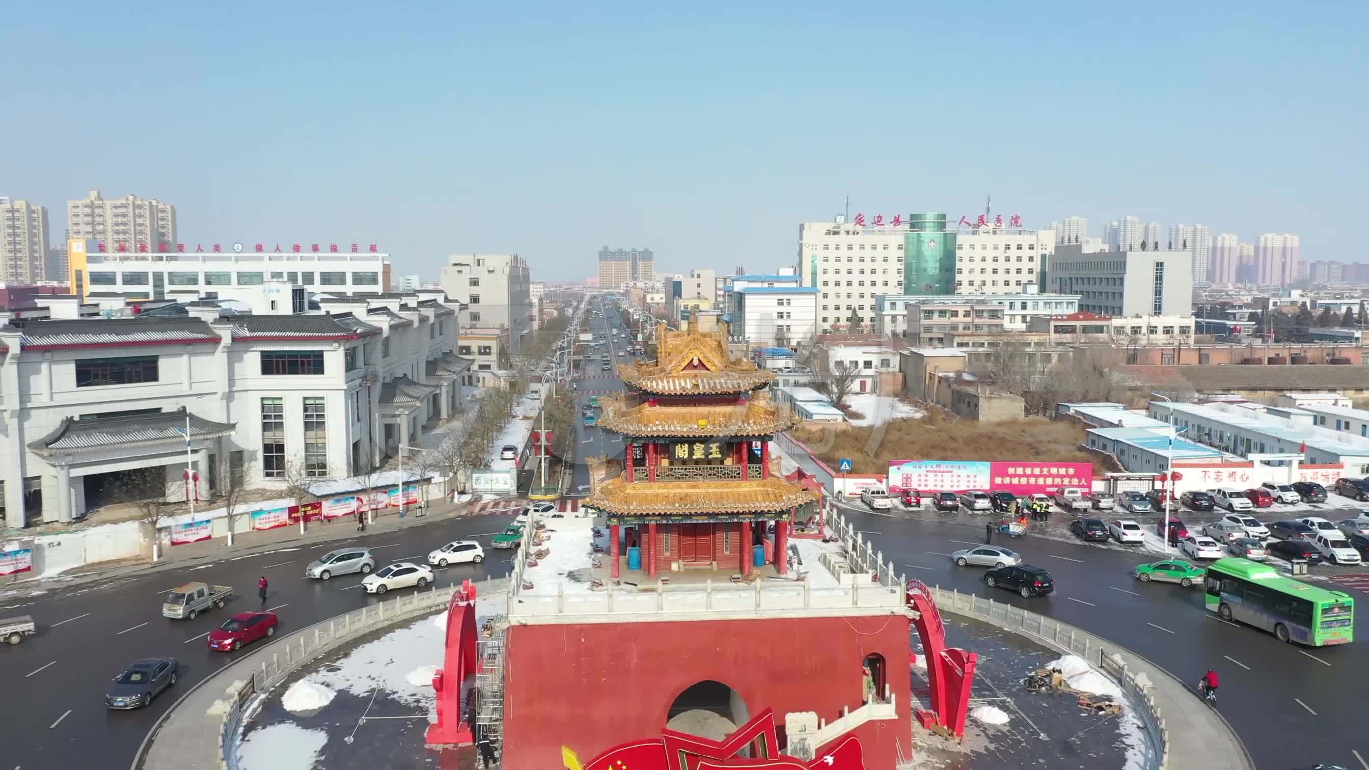 陕西榆林定边冬季鼓楼雪景航拍