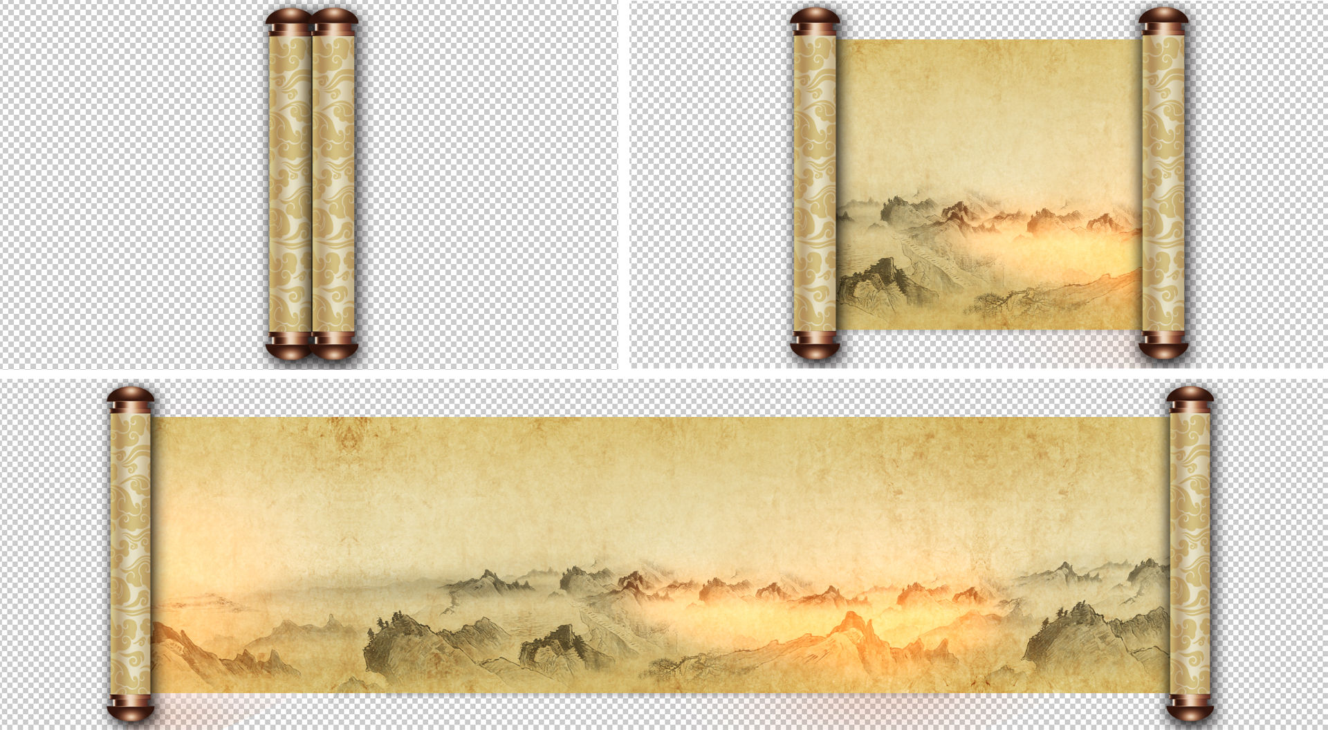 分辨率4096*1500宽画幅,原创画轴打开带山水的透明通道卷轴.
