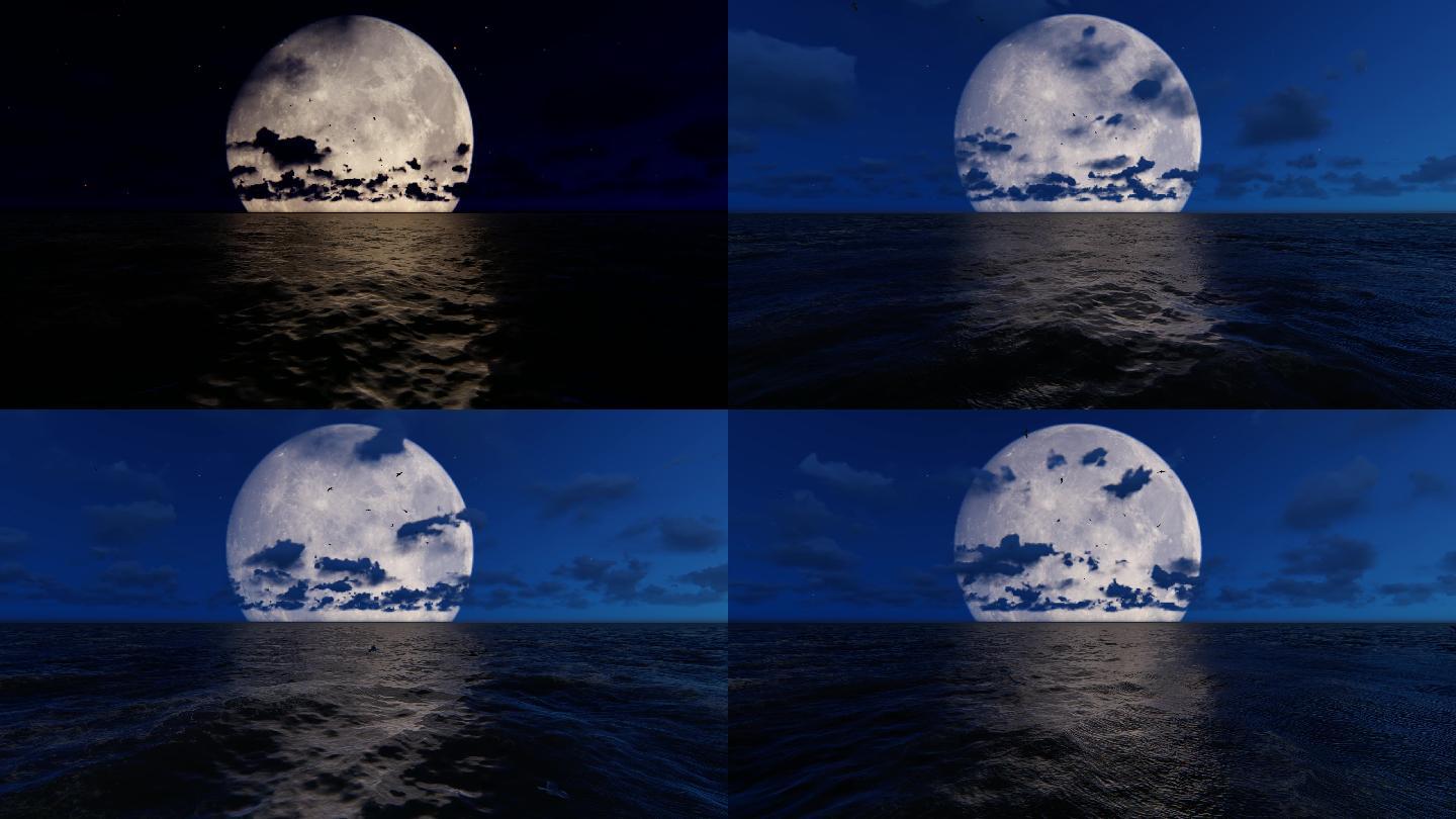 4k海面夜晚月亮升起