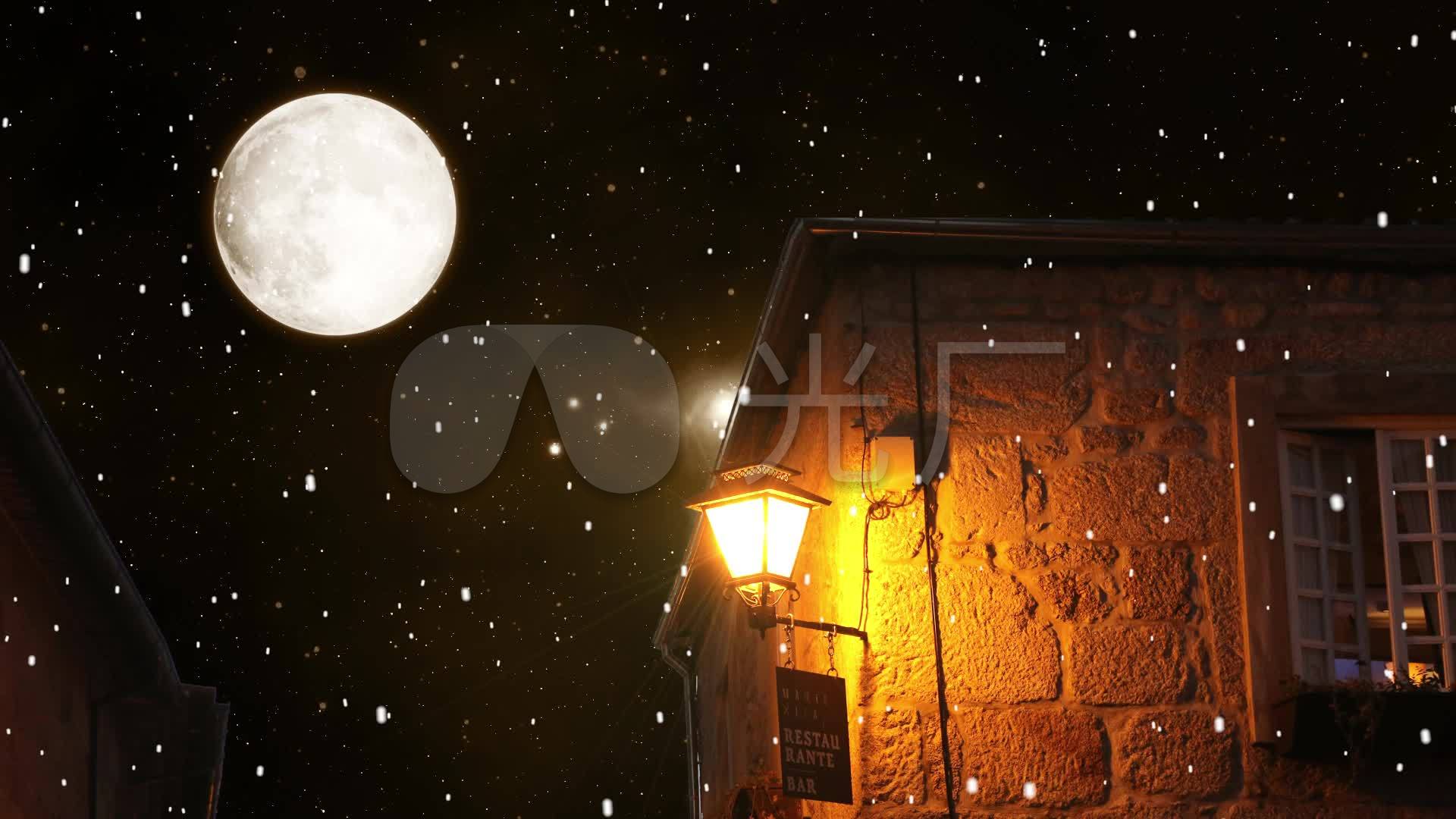 温馨路灯雪花飘落星空月空led背景视频