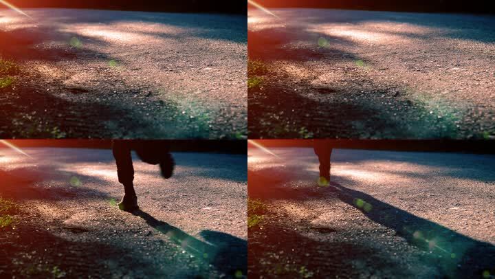 阳光水泥地面跑步脚步特写