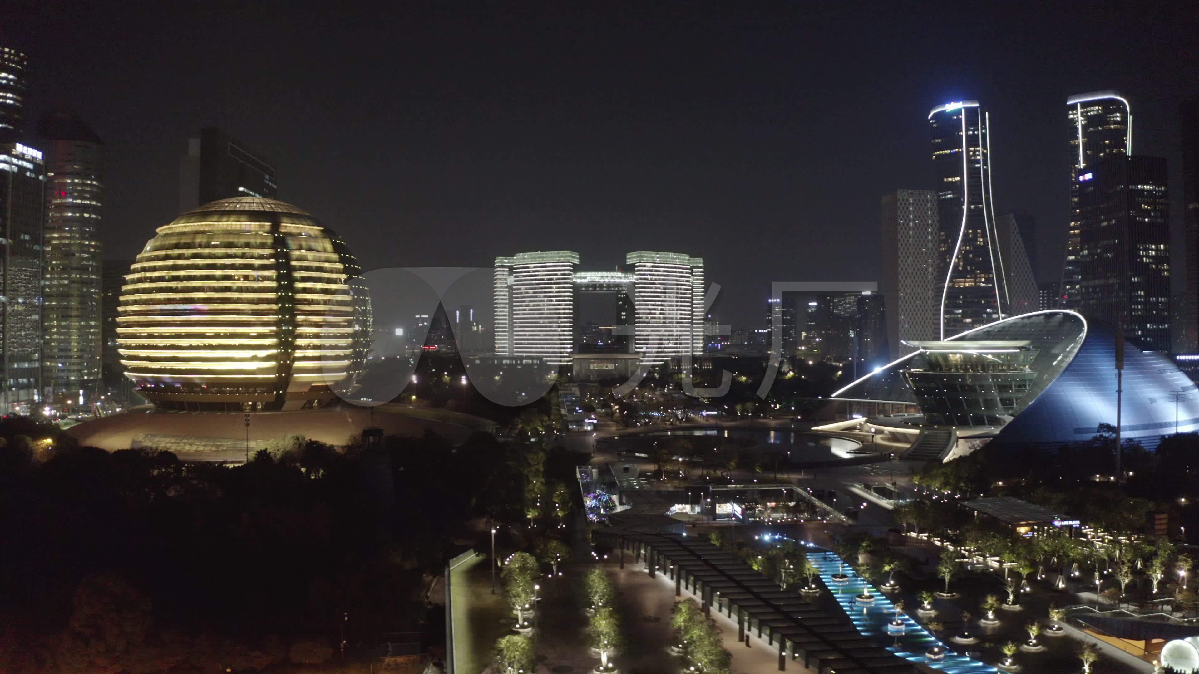 杭州钱江新城大金球城市阳台航拍夜景