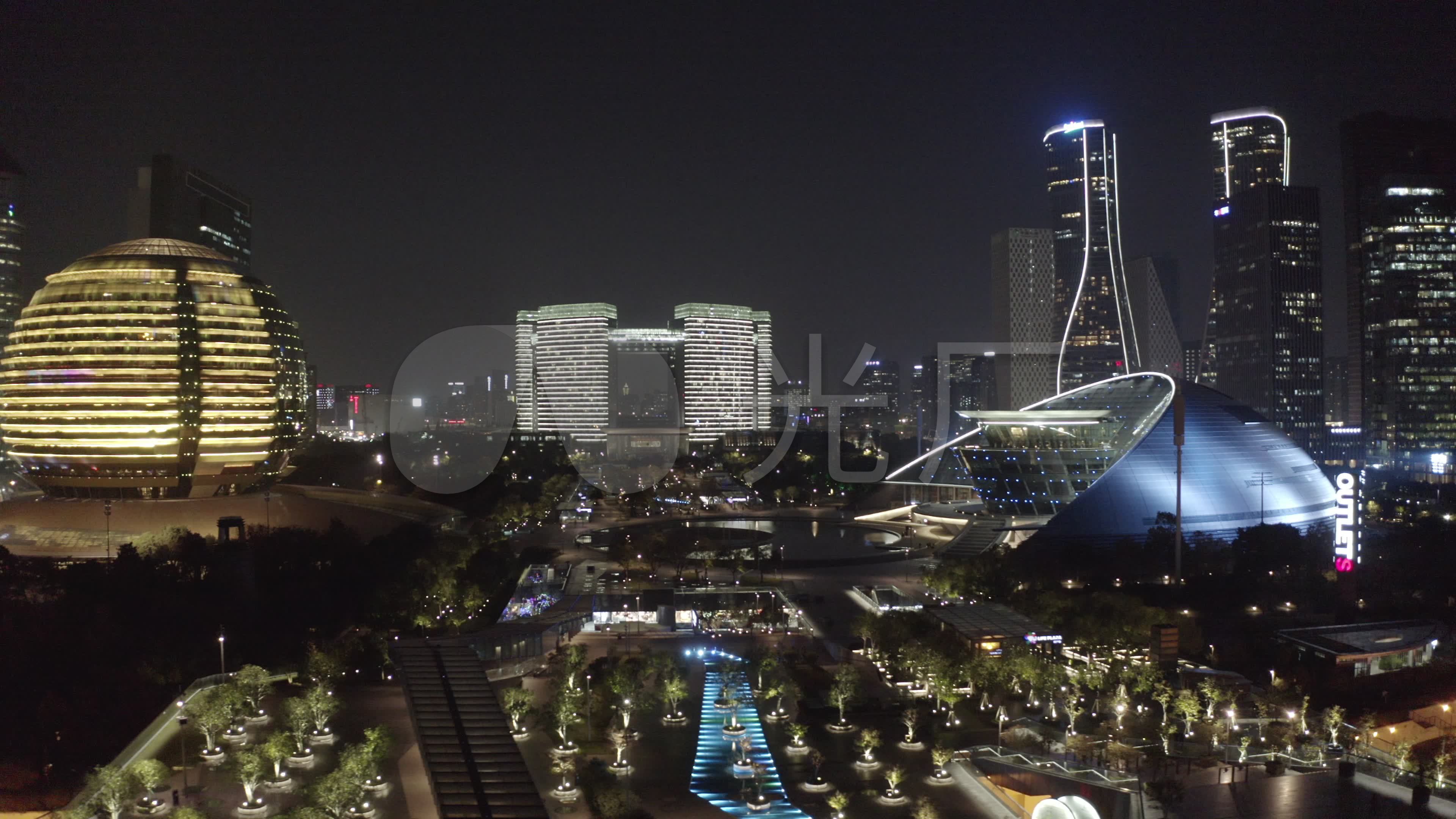杭州钱江新城大金球城市阳台航拍夜景