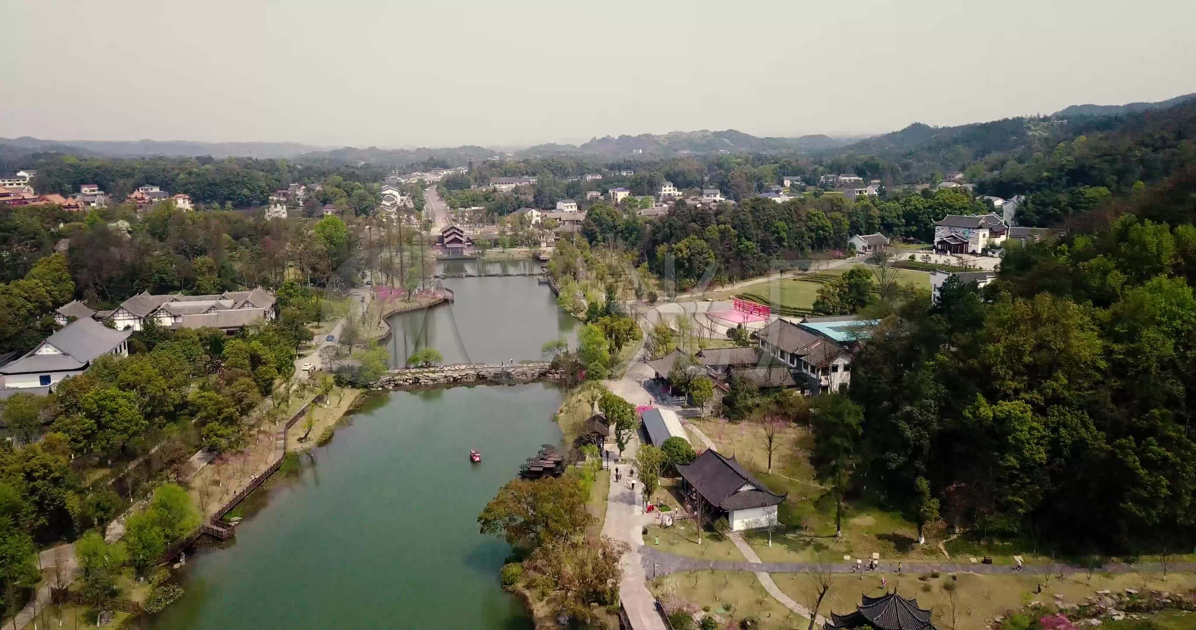 航拍常德桃花源五柳溪与五柳镇风光素材
