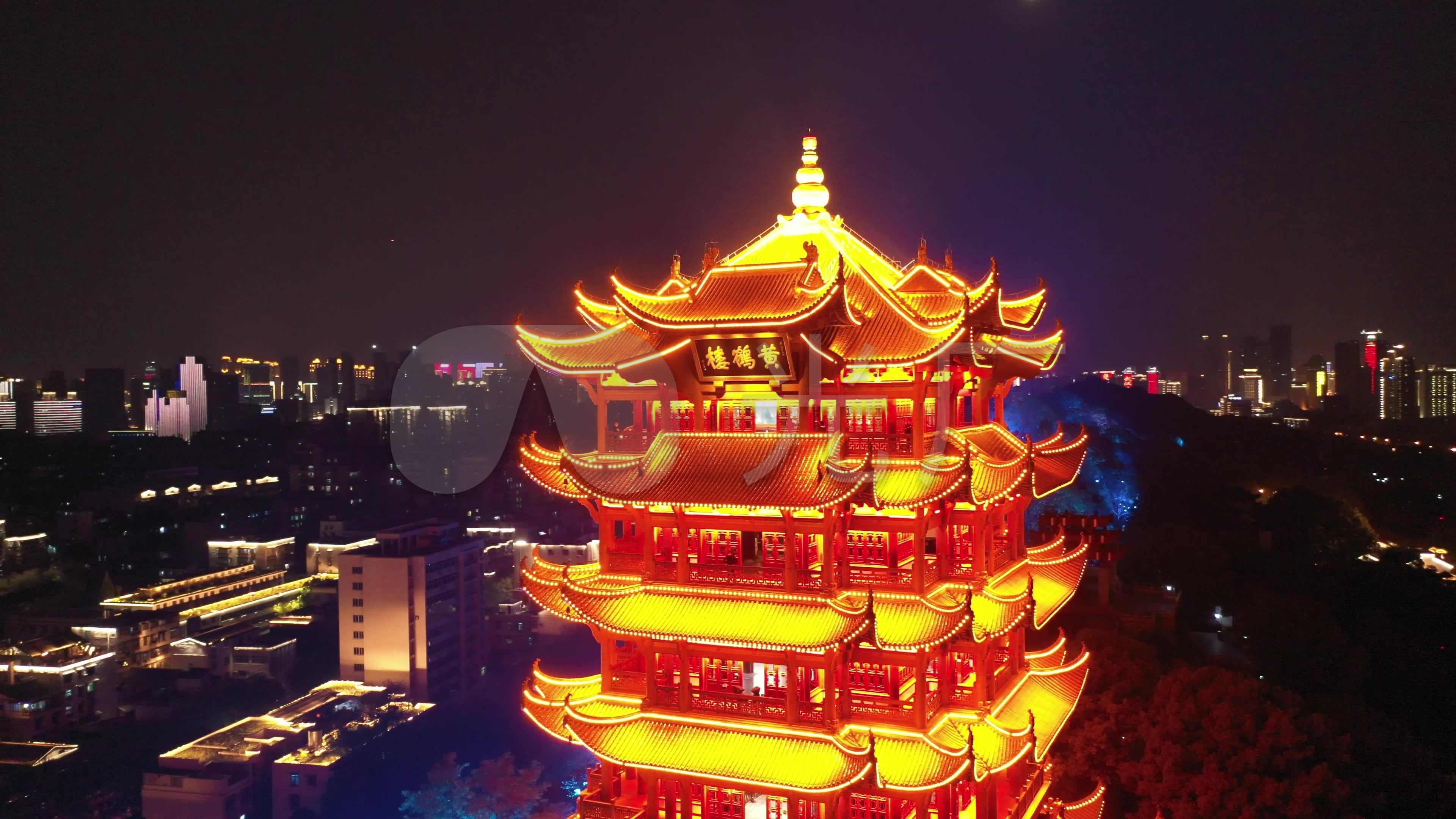 武汉夜景黄鹤楼灯光秀4k航拍_3840x2160_高清视频素材