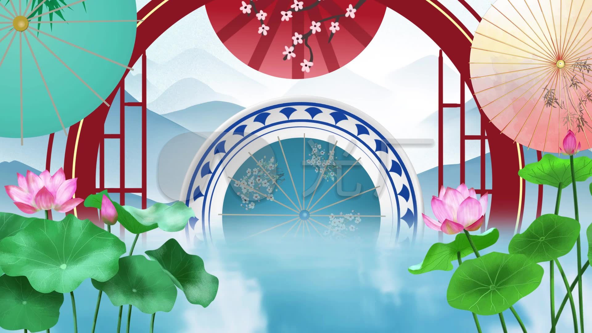 古典中国风山水画旗袍秀荷花led背景视频