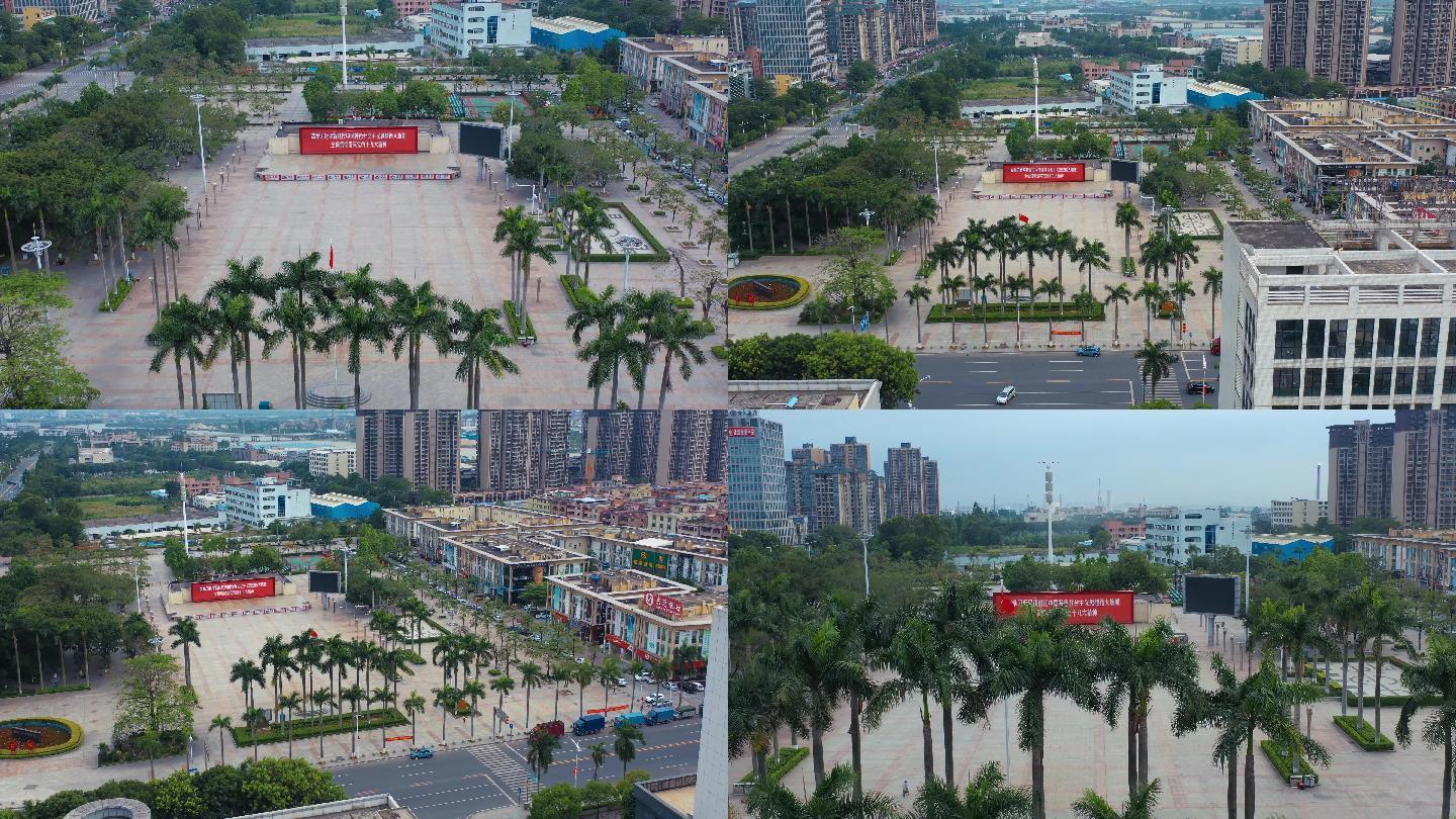 4k东莞市洪梅镇中心广场红标语和街景