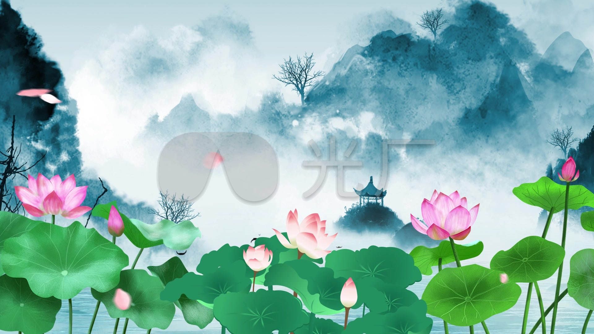 古典山水风景画江南水乡荷花led背景视频