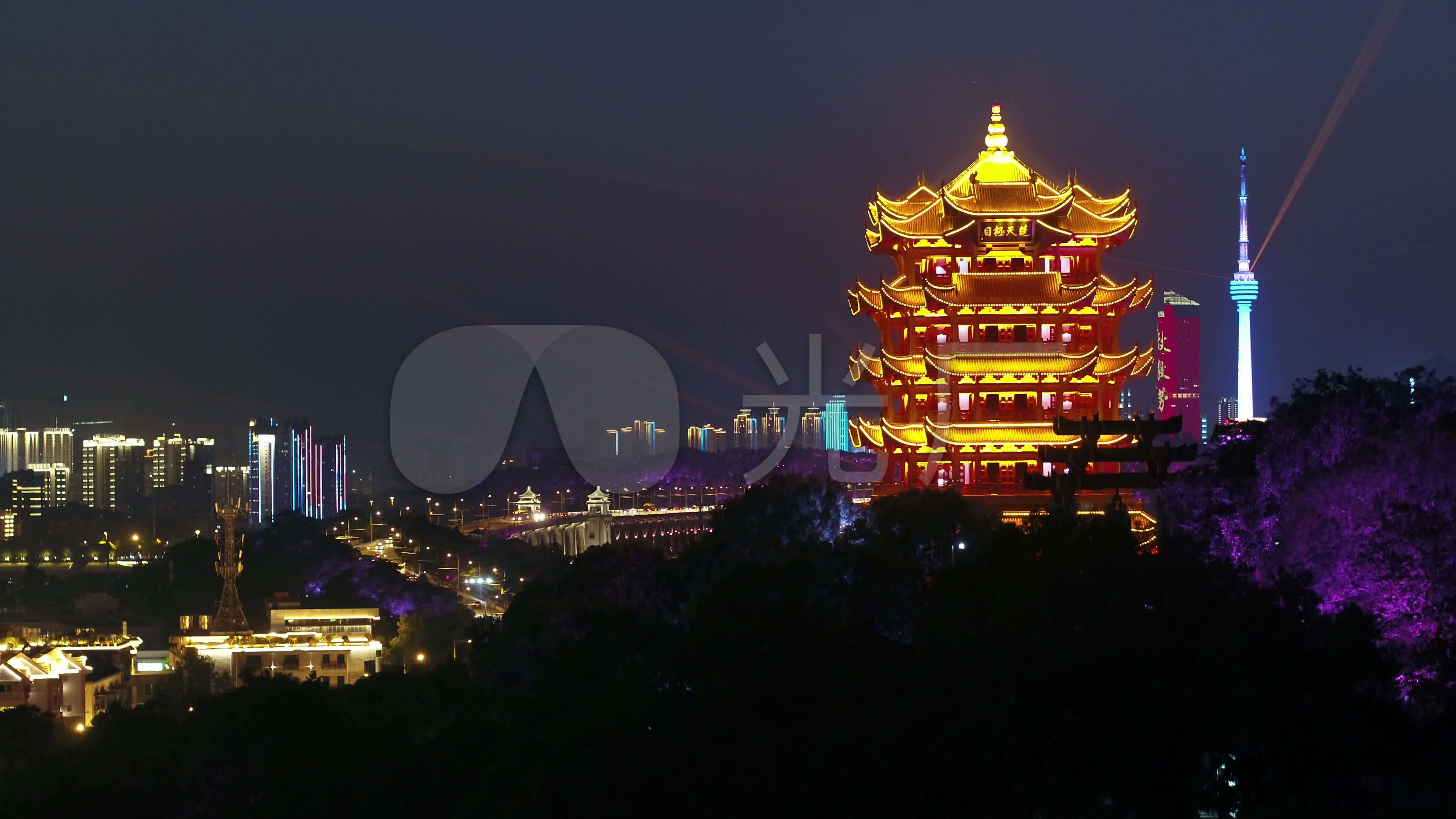 航拍4k武汉黄鹤楼夜景_3840x2160_高清视频素材下载