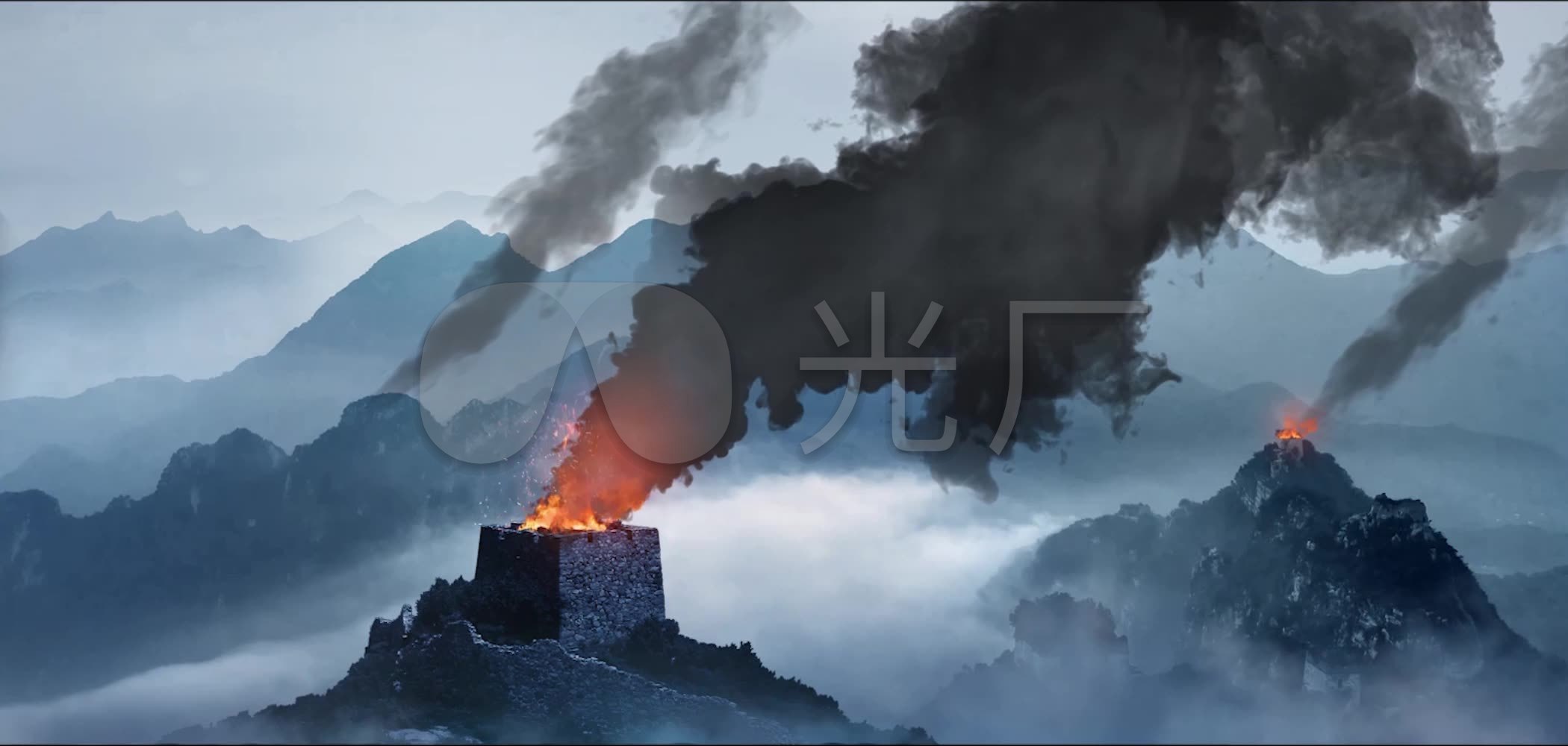 长城烽火台狼烟动画_2100x1000_高清视频素材下载(编号:4616657)_舞台