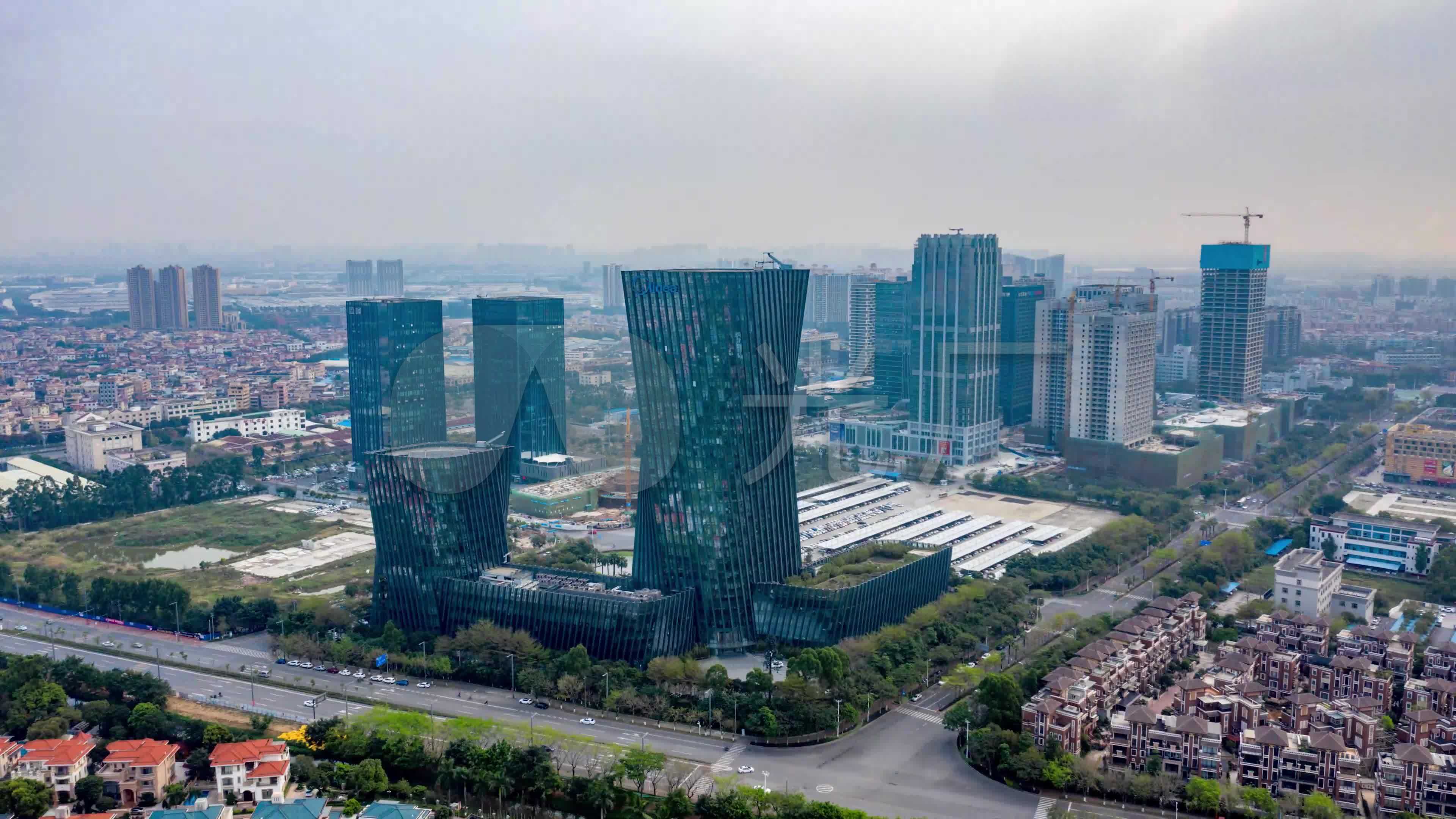 佛山顺德北滘美的总部航拍延时城市建筑