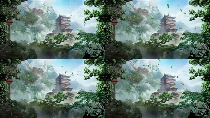 阁楼古风中国风舞台主题仙侠仙境休闲修养落叶led大屏背景