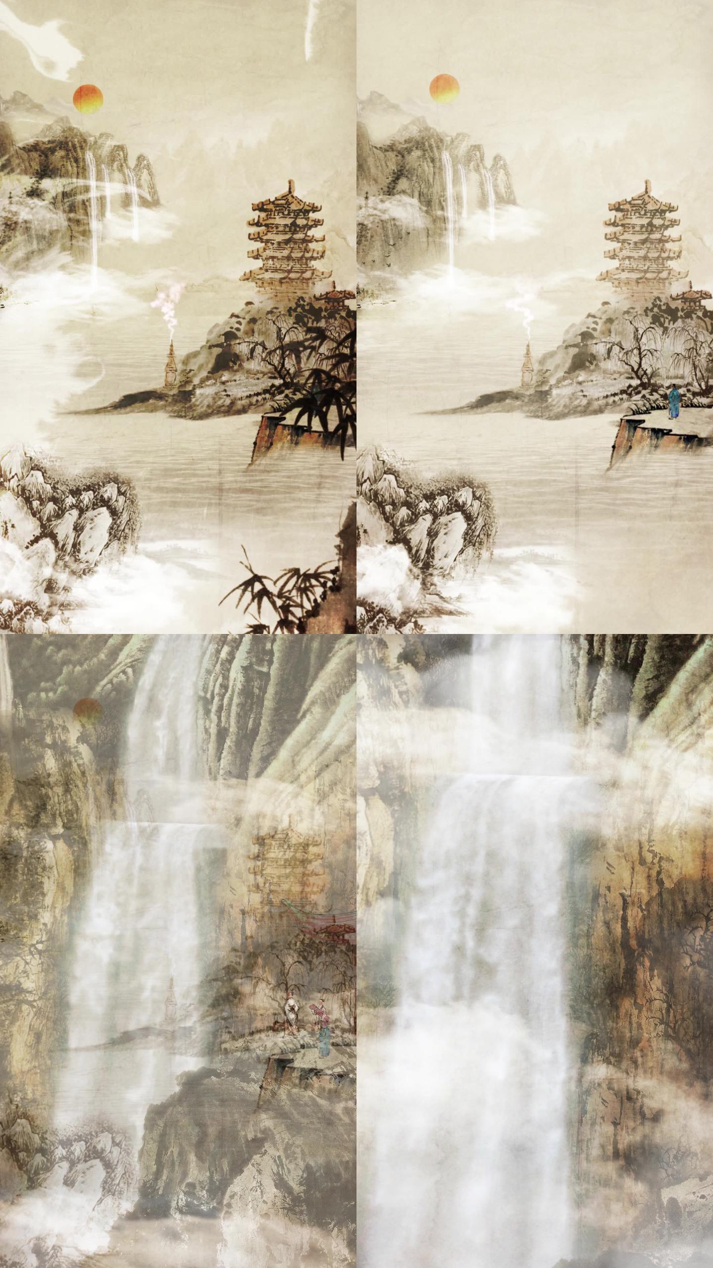 唐诗朗诵望庐山瀑布李白古诗词水墨中国风山水画手机竖屏片头背景