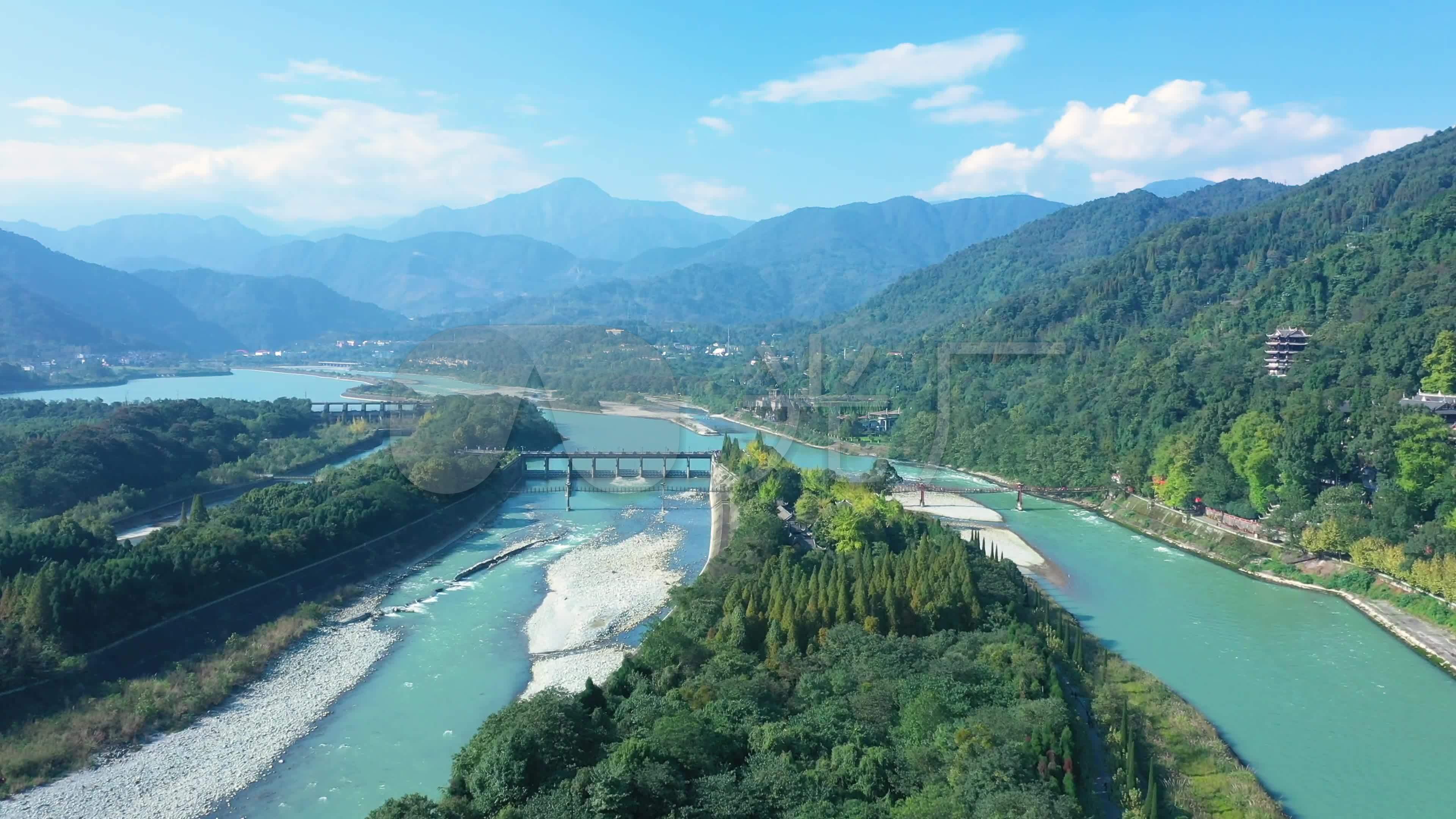 4k都江堰岷江水利工程奎光塔航拍素材