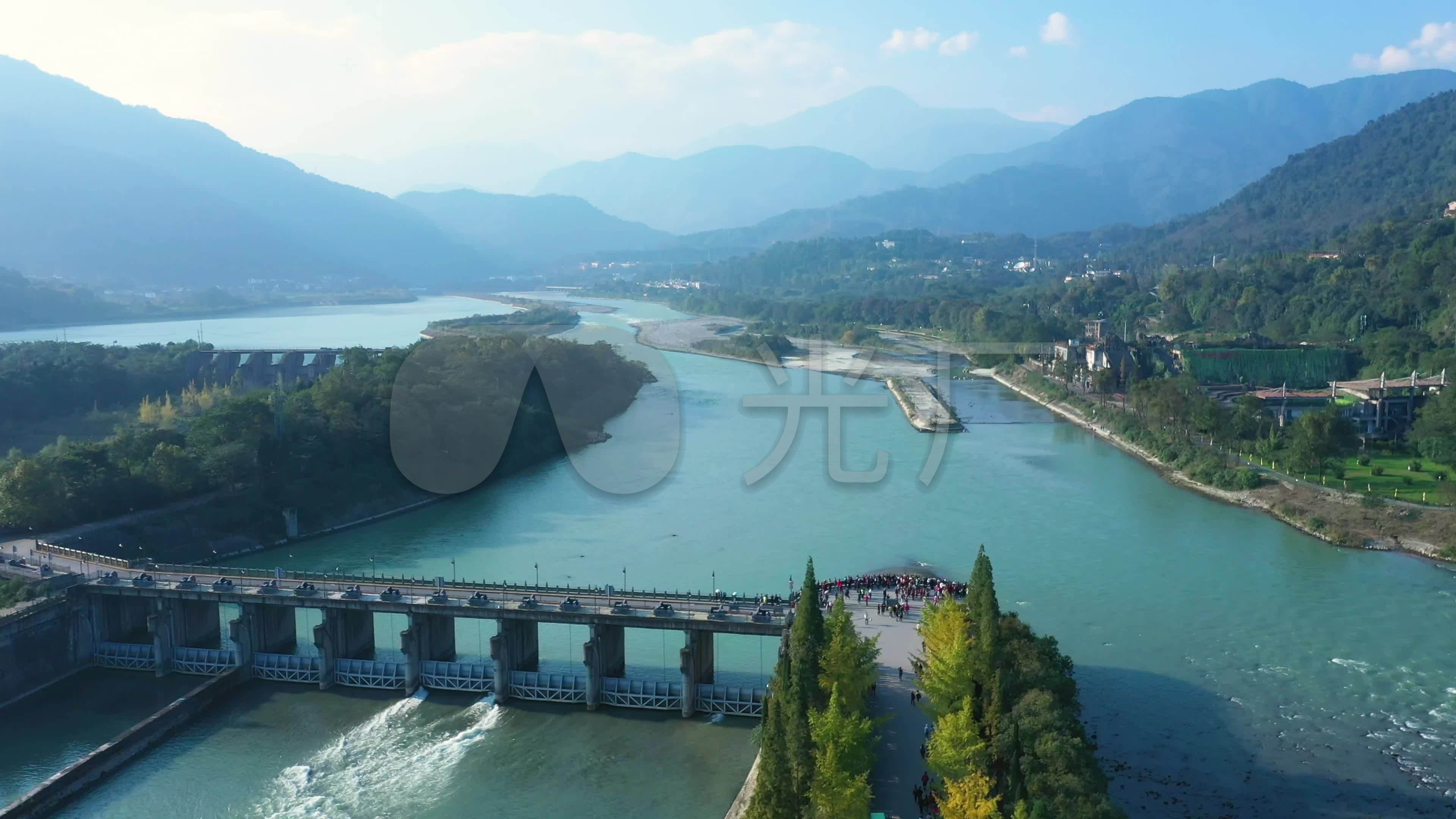 4k都江堰岷江水利工程奎光塔航拍素材