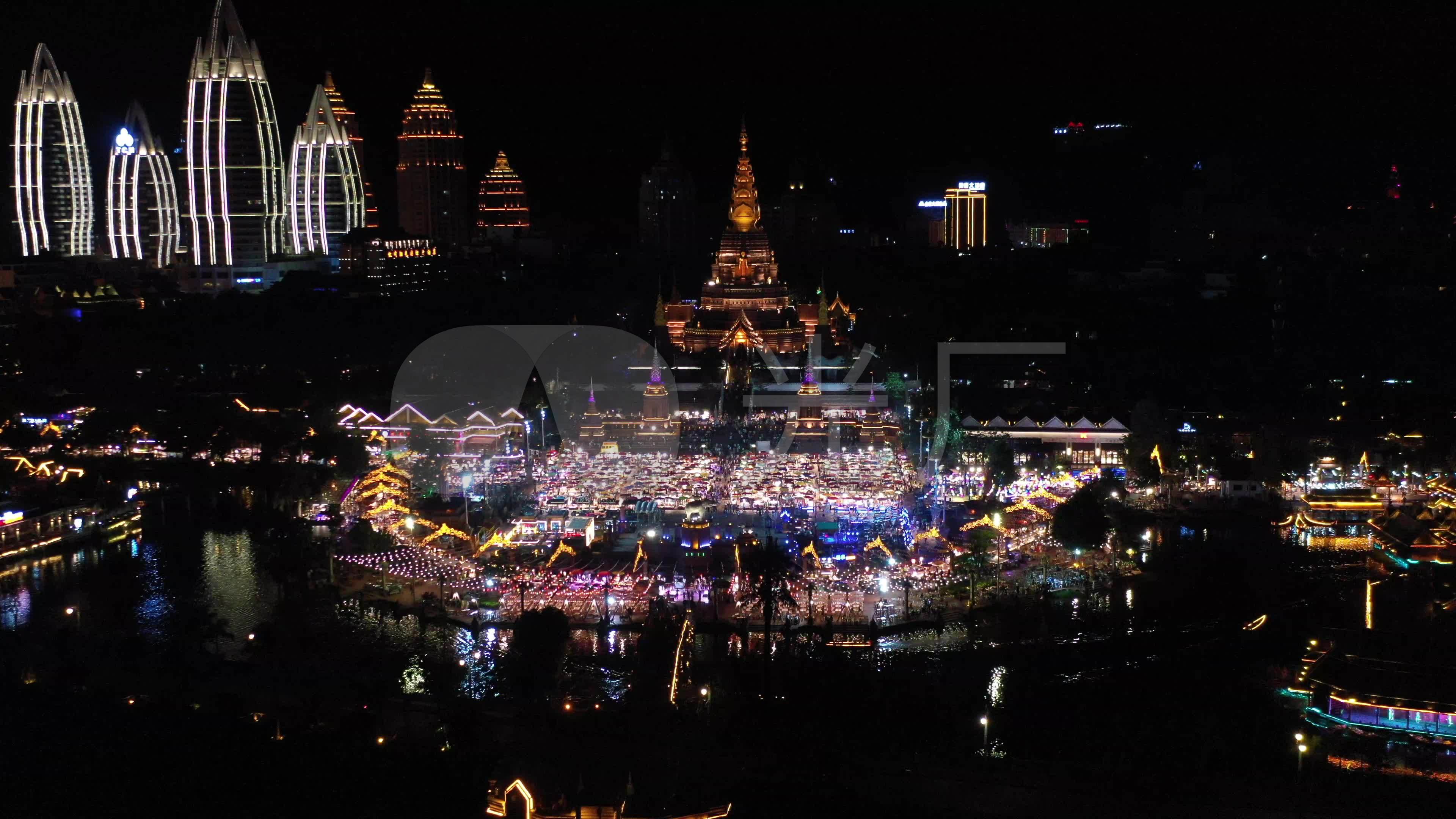 西双版纳景洪告庄夜景4k航拍视频