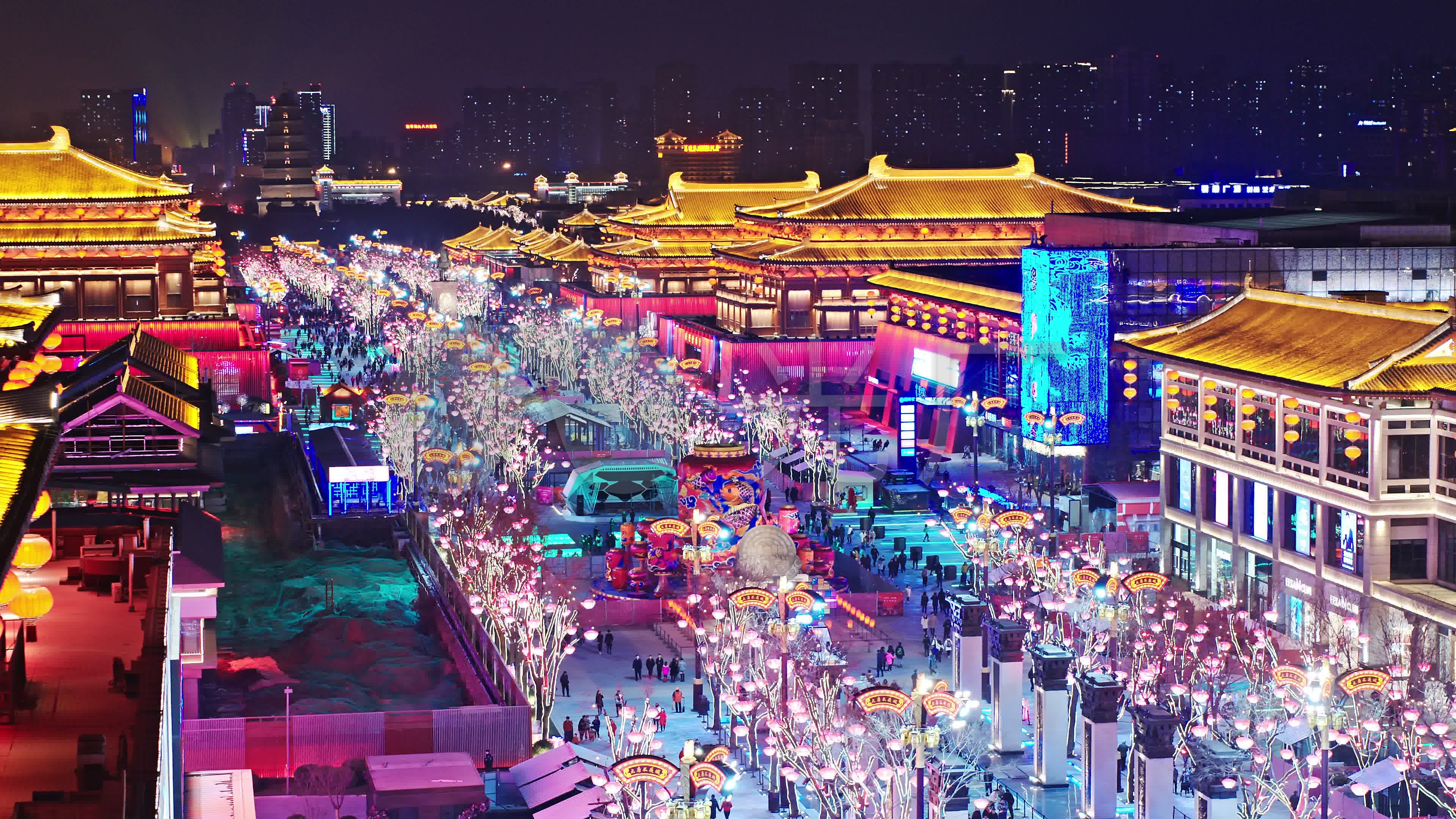 高清航拍西安大唐不夜城夜景风光