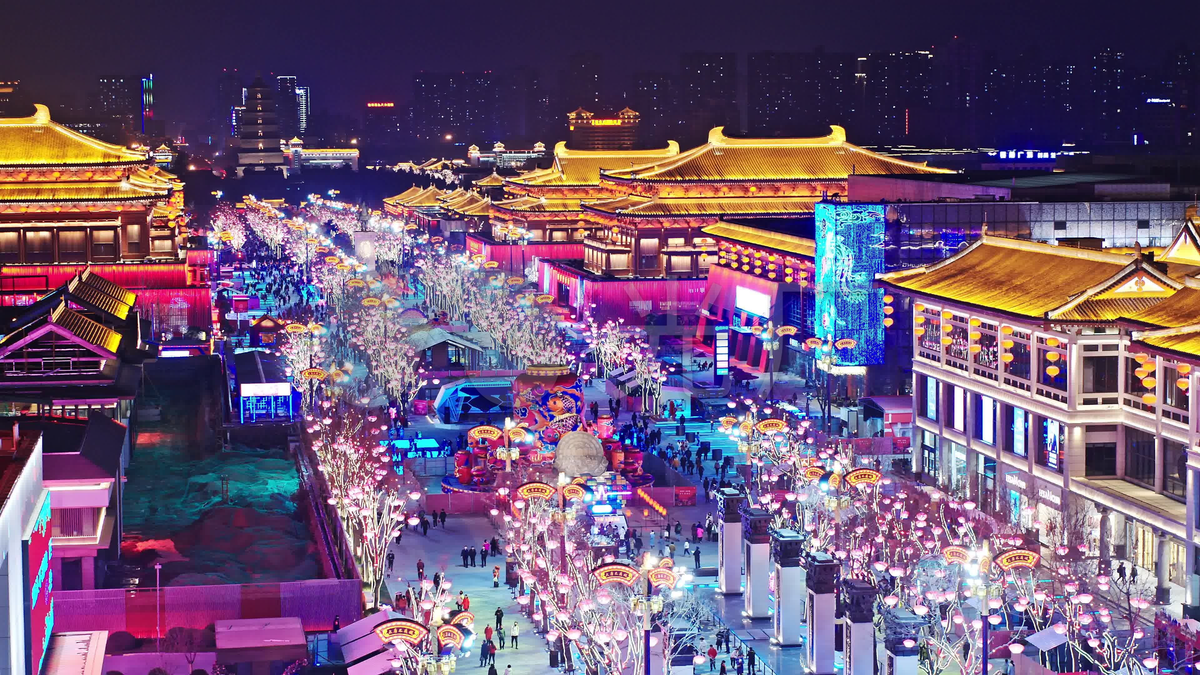 高清航拍西安大唐不夜城夜景风光
