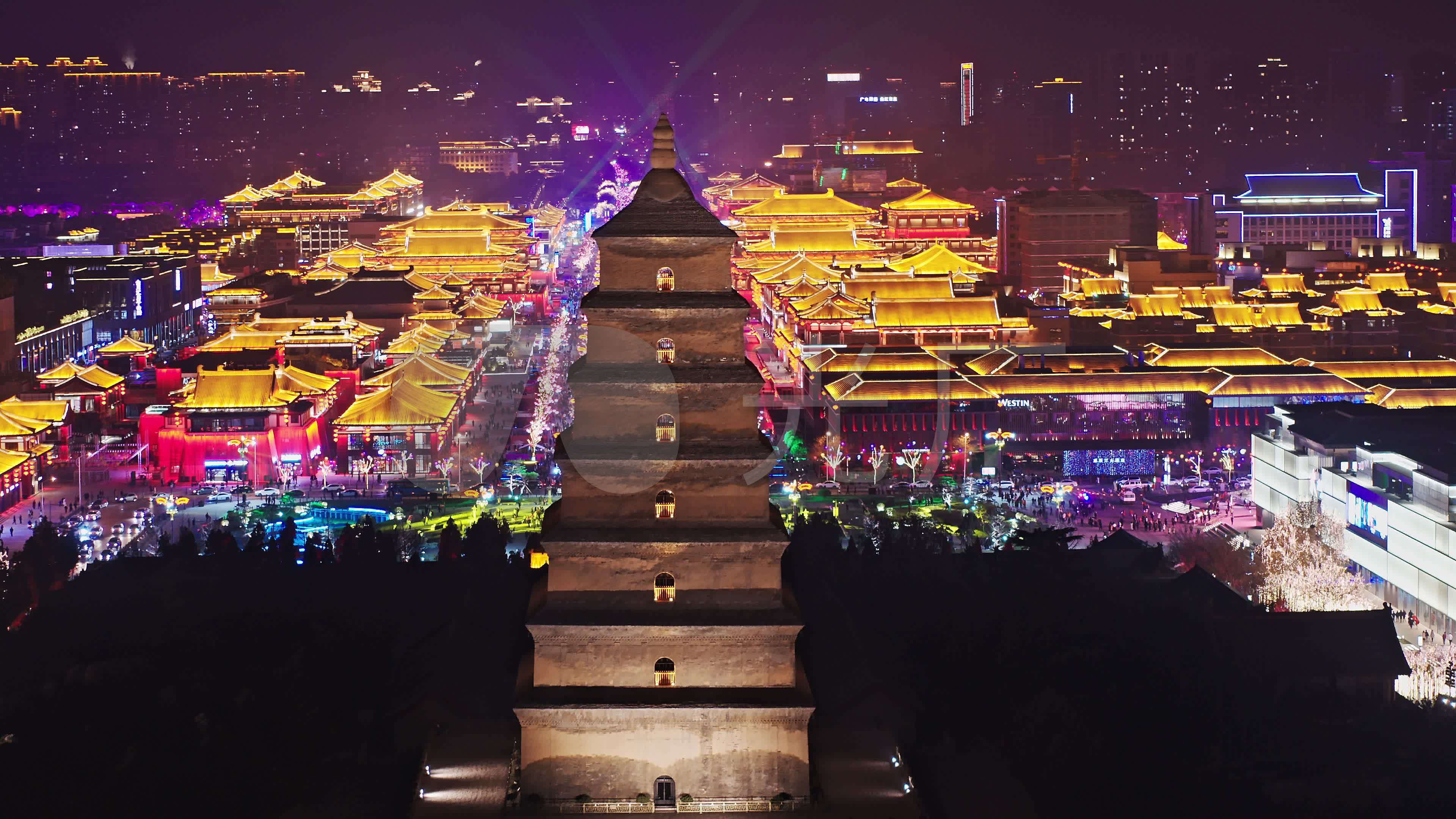 高清航拍西安大雁塔古建筑夜景