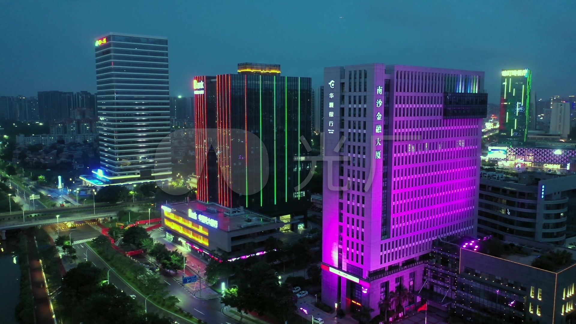 航拍广州南沙区蕉门河夜景