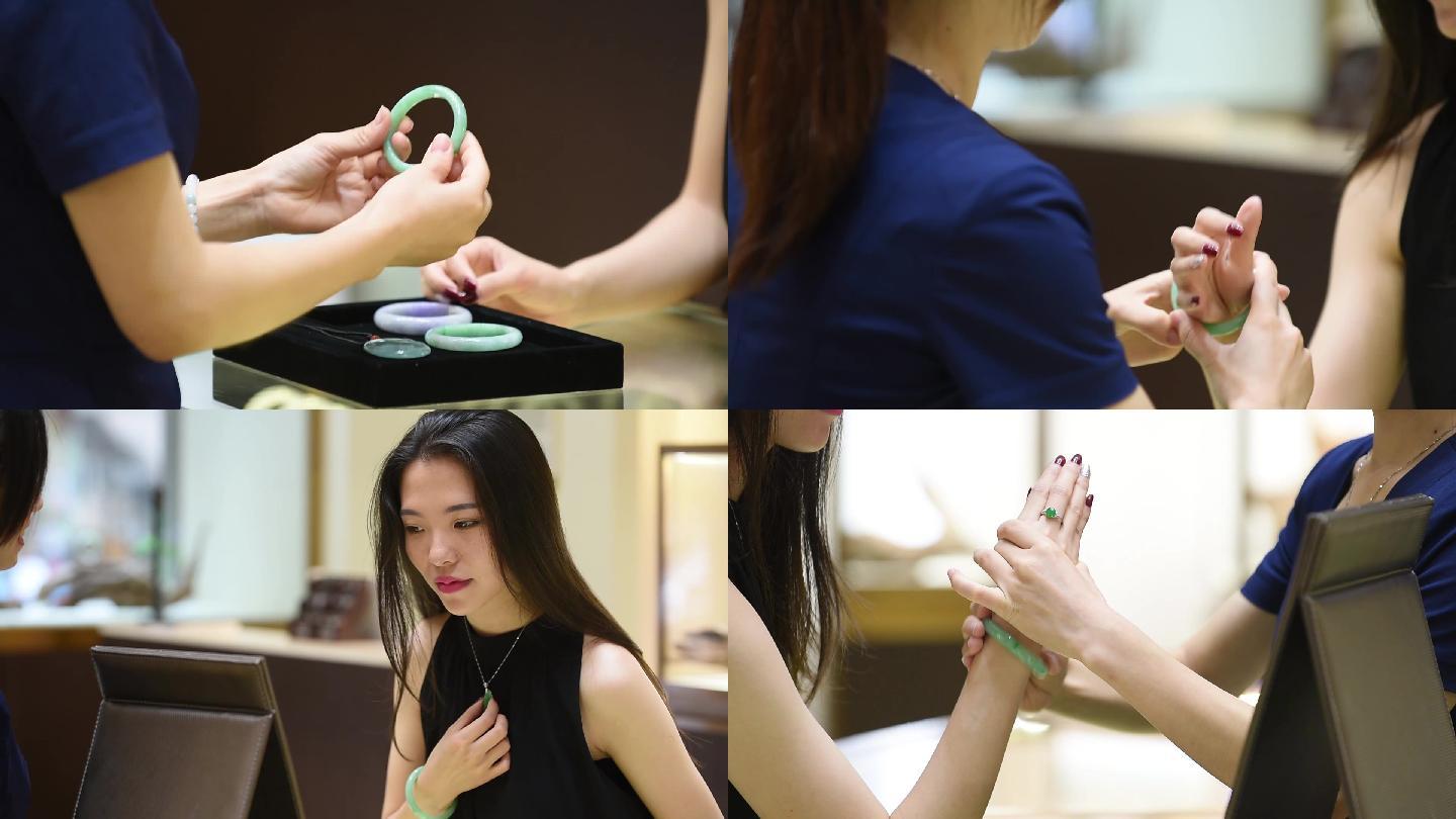 年轻女子商场试戴翡翠手镯珠宝画质检查举报作品下载小样0声明水印不