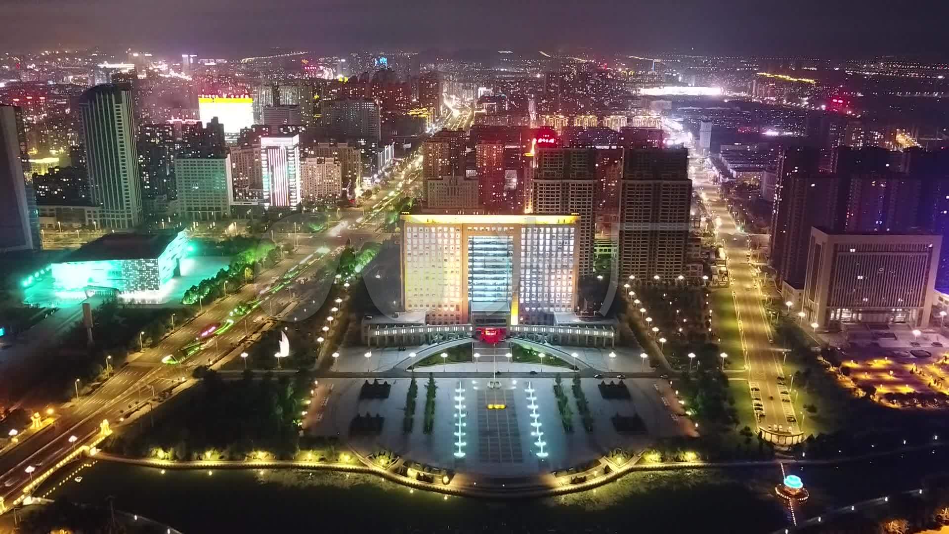 鲅鱼圈航拍夜景区政府公安局_1920x1080_高清视频素材下载(编号