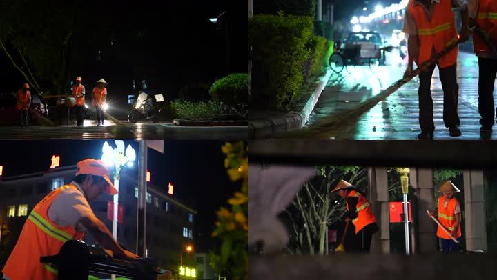 4k凌晨环卫工人夜晚辛苦工作清洁