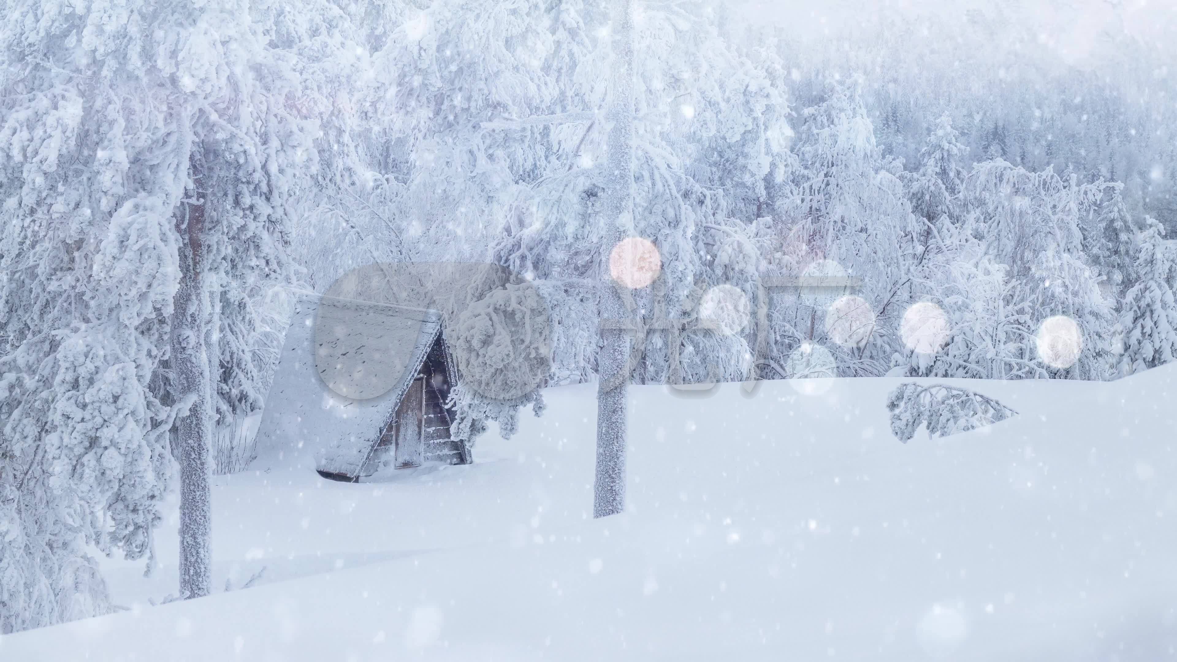 雪中小屋下雪飘雪落雪雪景雪地场景_3840x2160_高清
