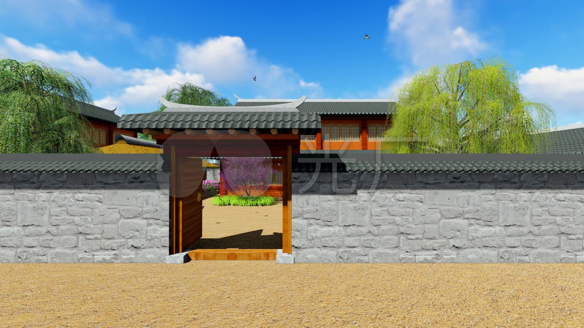 视频素材 舞台背景 场景背景 古代庭院建筑动画-白天 来自视频原始