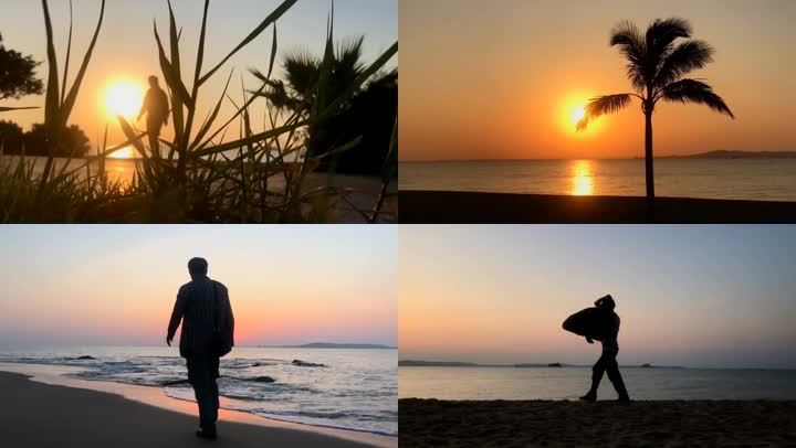 骑自行车秋天唯美风景旅行意境镜头夕阳秋叶落下夕阳秋叶郊外背影海边