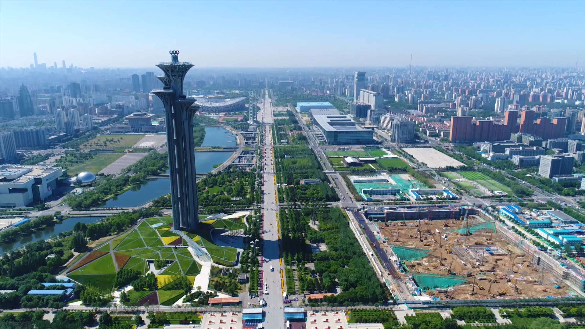 4k北京奥森公园北京观光塔五颗钉航拍