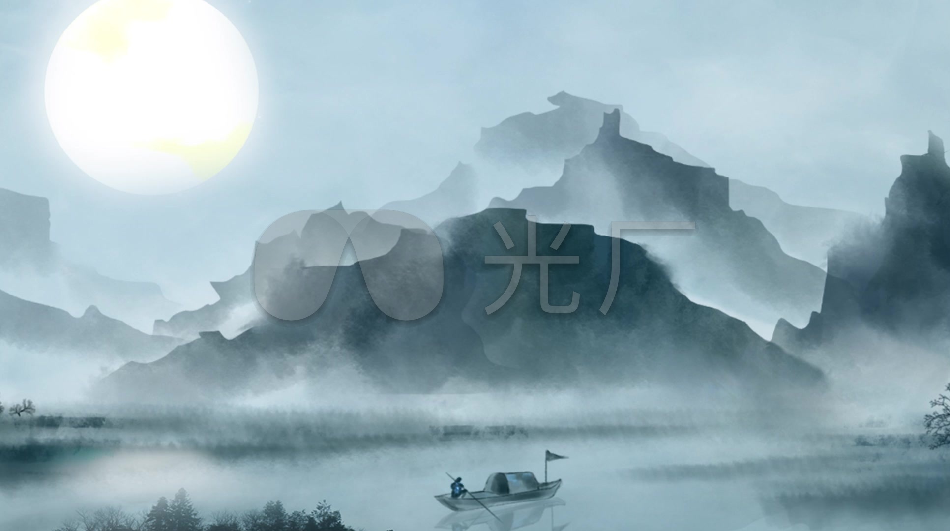 中秋写意水墨山水古风背景
