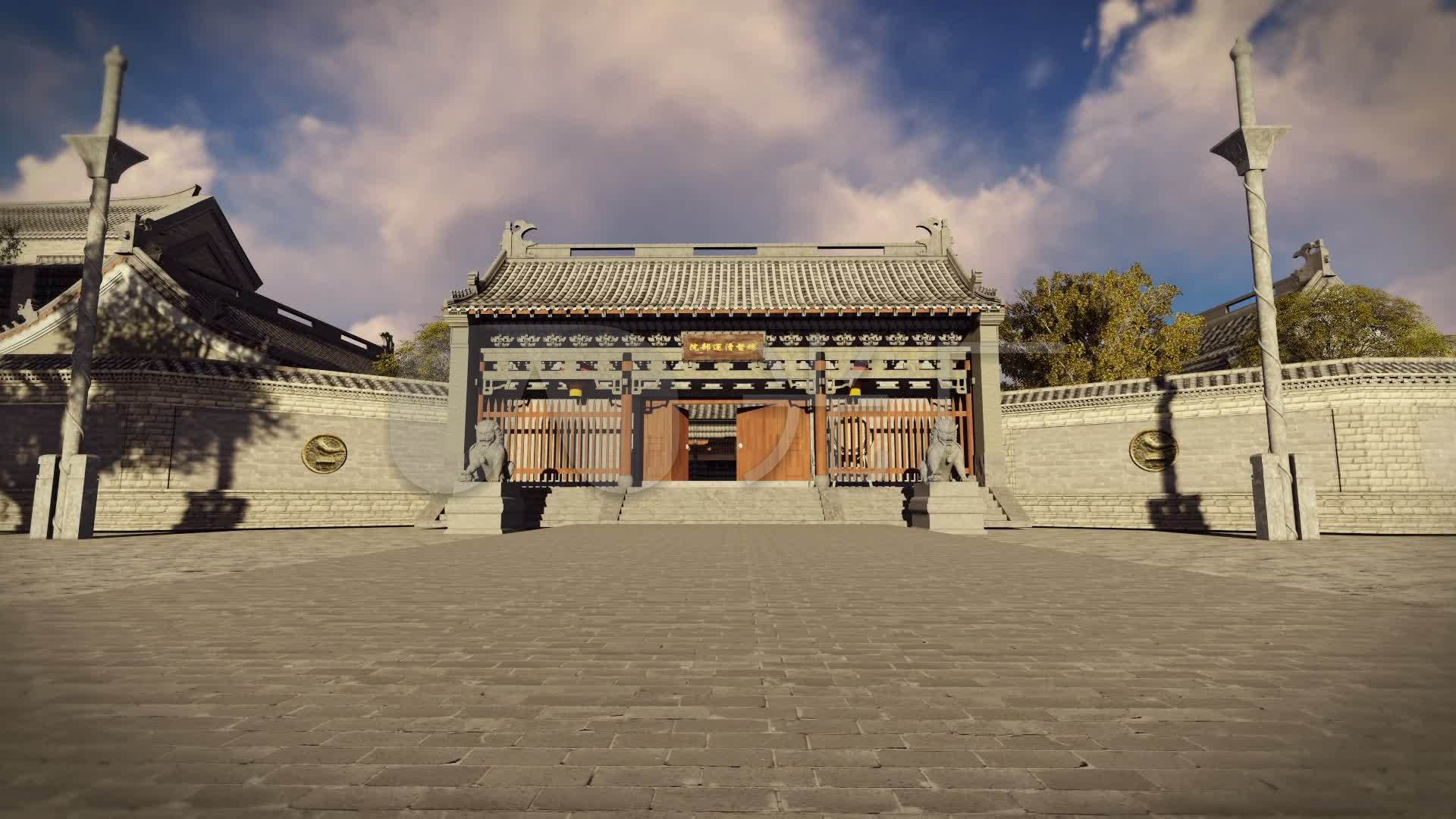 3d建模官府官衙古代建筑石狮_1920x1080_高清视频素材下载(编号