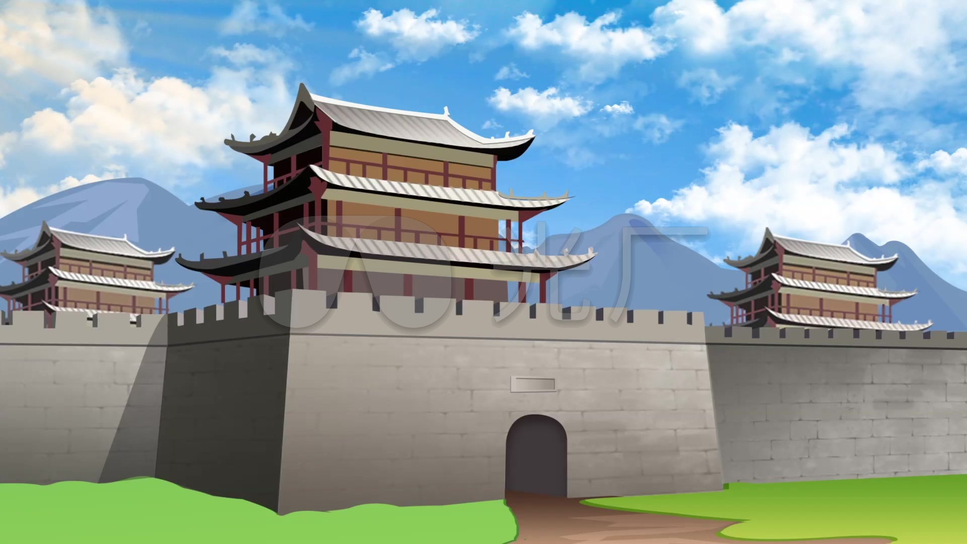 童话剧古代边关城门舞台小品背景_1920x1080_高清视频素材下载(编号