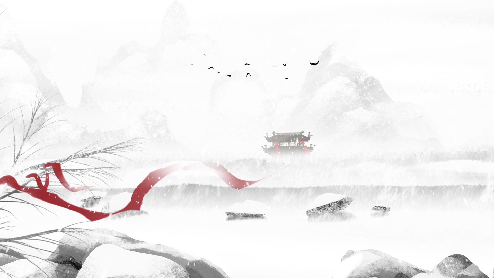 唯美古风山水画雪景下雪led背景