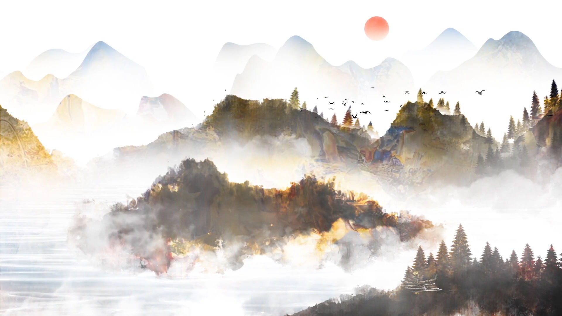中国风古典山水画云雾缭绕led背景