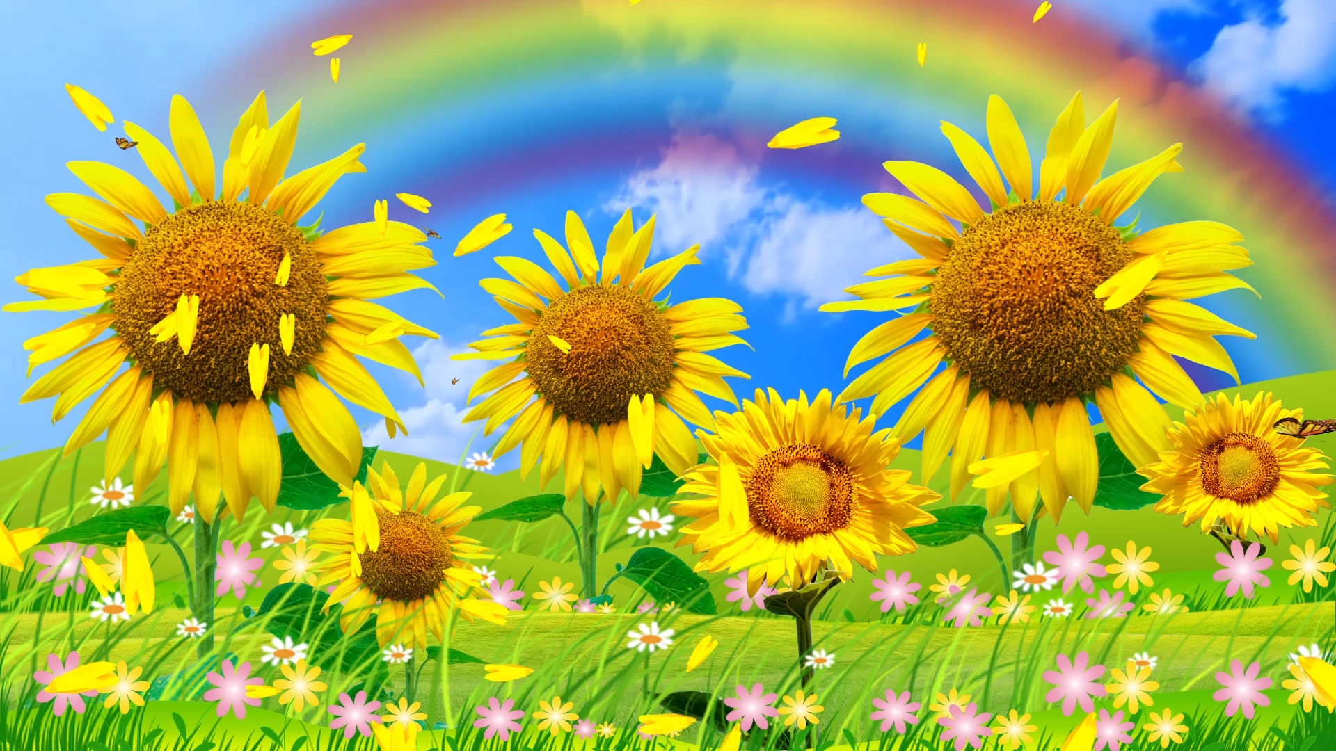 蝴蝶彩虹唯美阳光儿童节目舞蹈背景蓝天向日葵向日葵天空穿暖花开