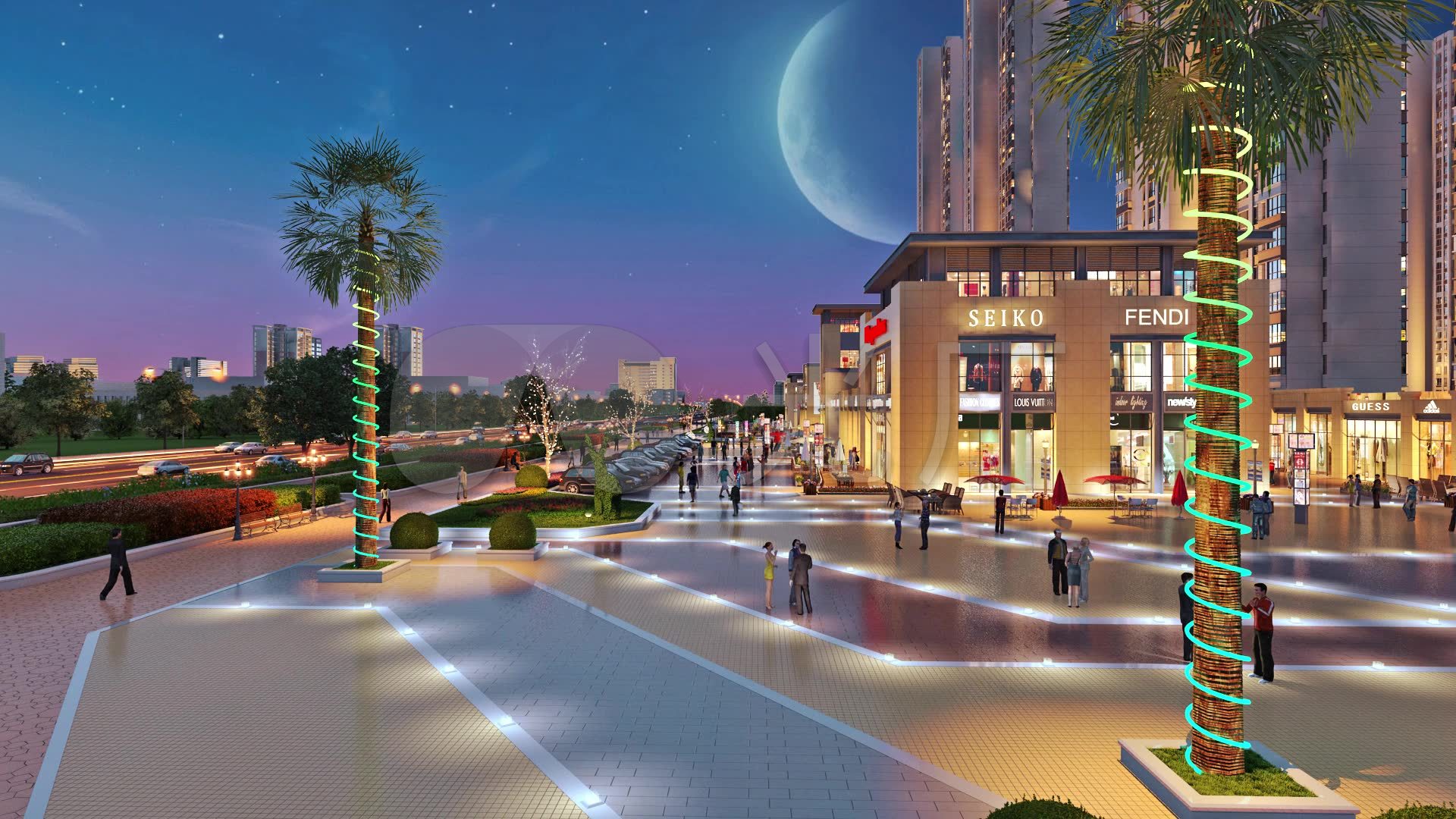 3d三维商业广场商业外街黄昏变夜景亮灯