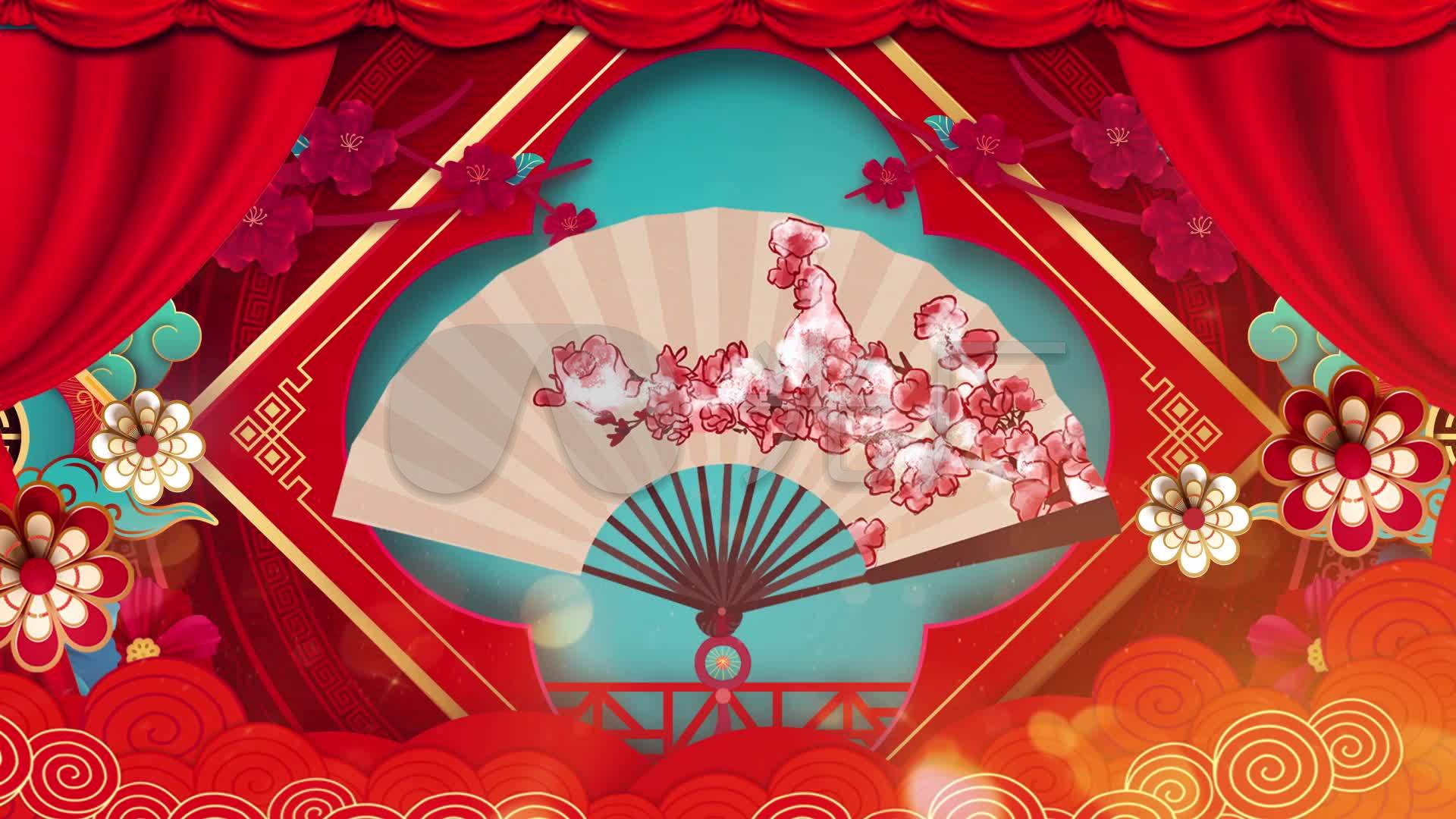 中国风红色喜庆折扇戏曲梅花黄梅戏视频背景_1920x1080_高清视频素材
