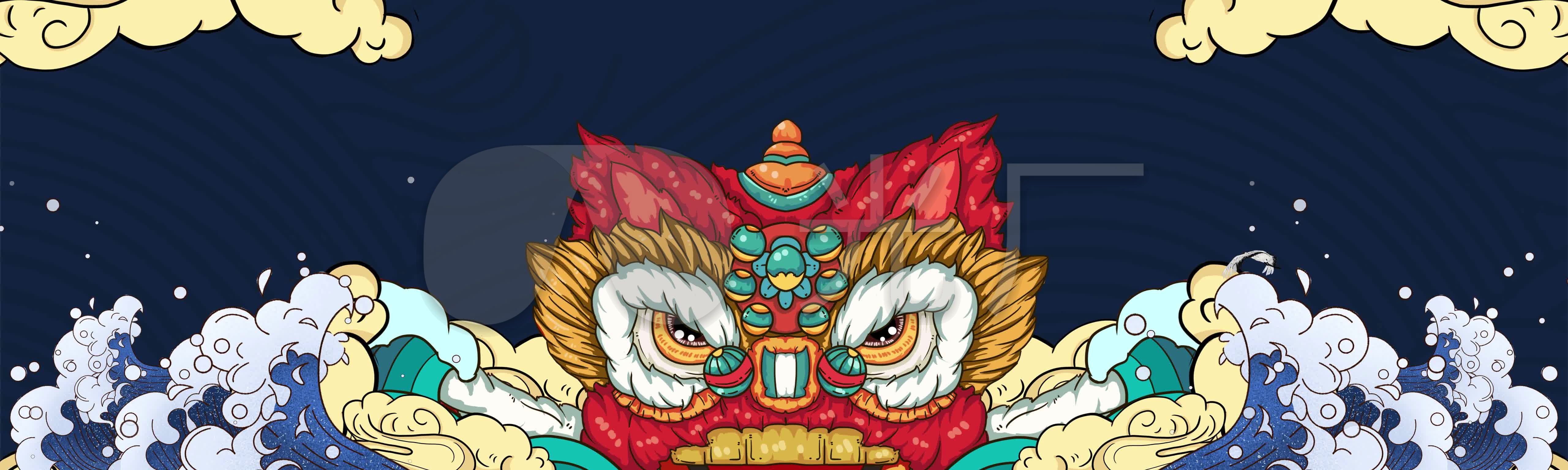 国潮宽屏醒狮狮子头海浪_5120x1536_高清视频素材下载