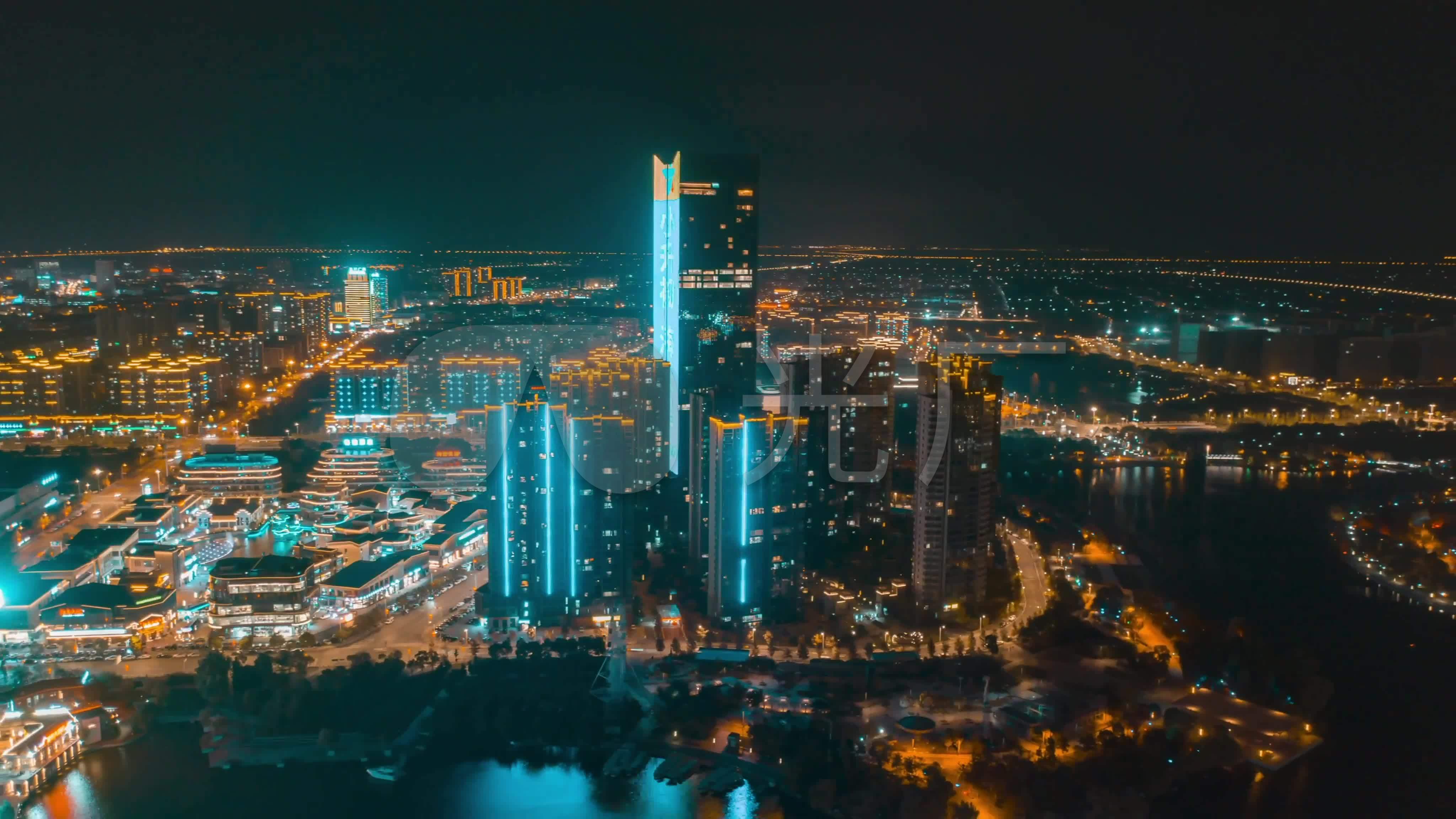 通州区南山湖夜景延时航拍4k素材城市宣传_4096x2304