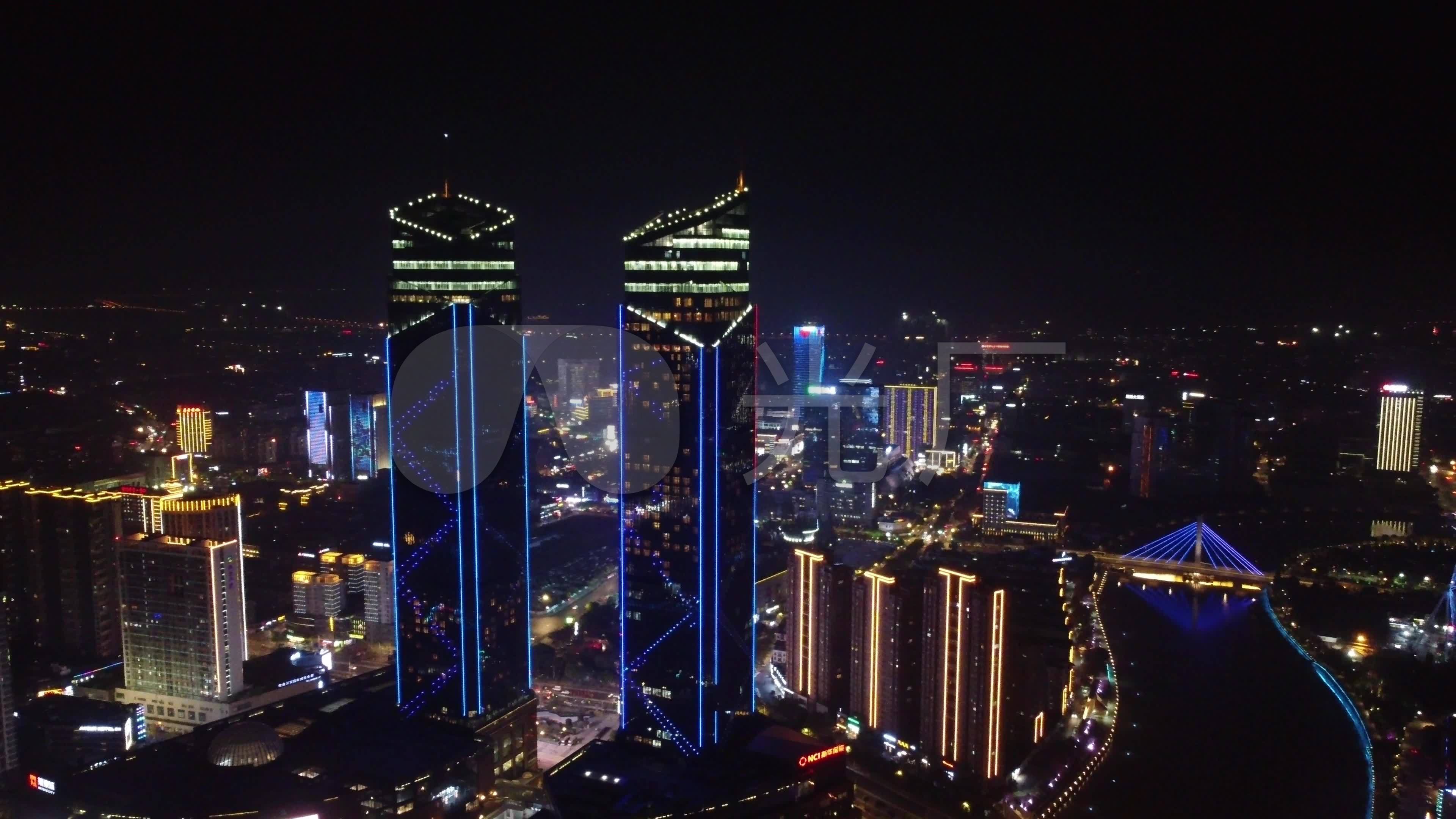 湖州双子大厦夜景航拍双子塔高楼大厦