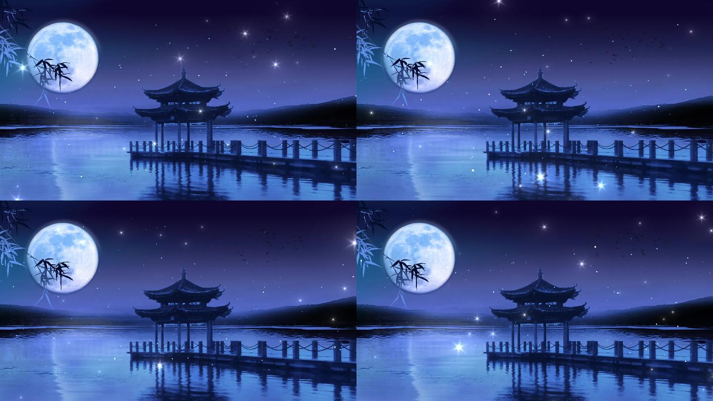 夜晚月亮月色水面亭子小亭动态唯美场景抒情背景