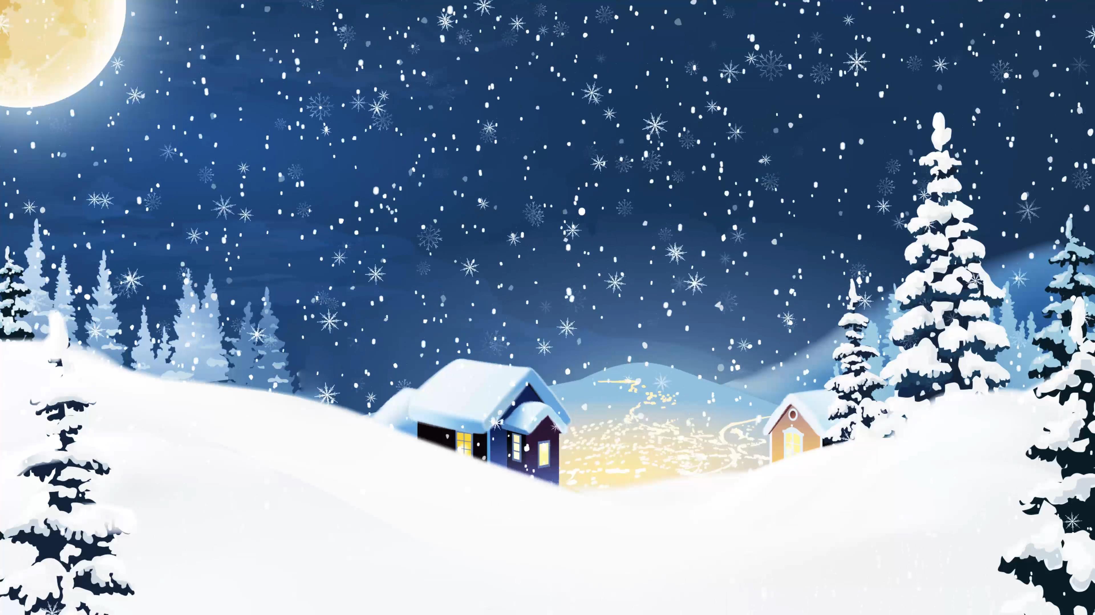 4k卡通森林房子雪景背景