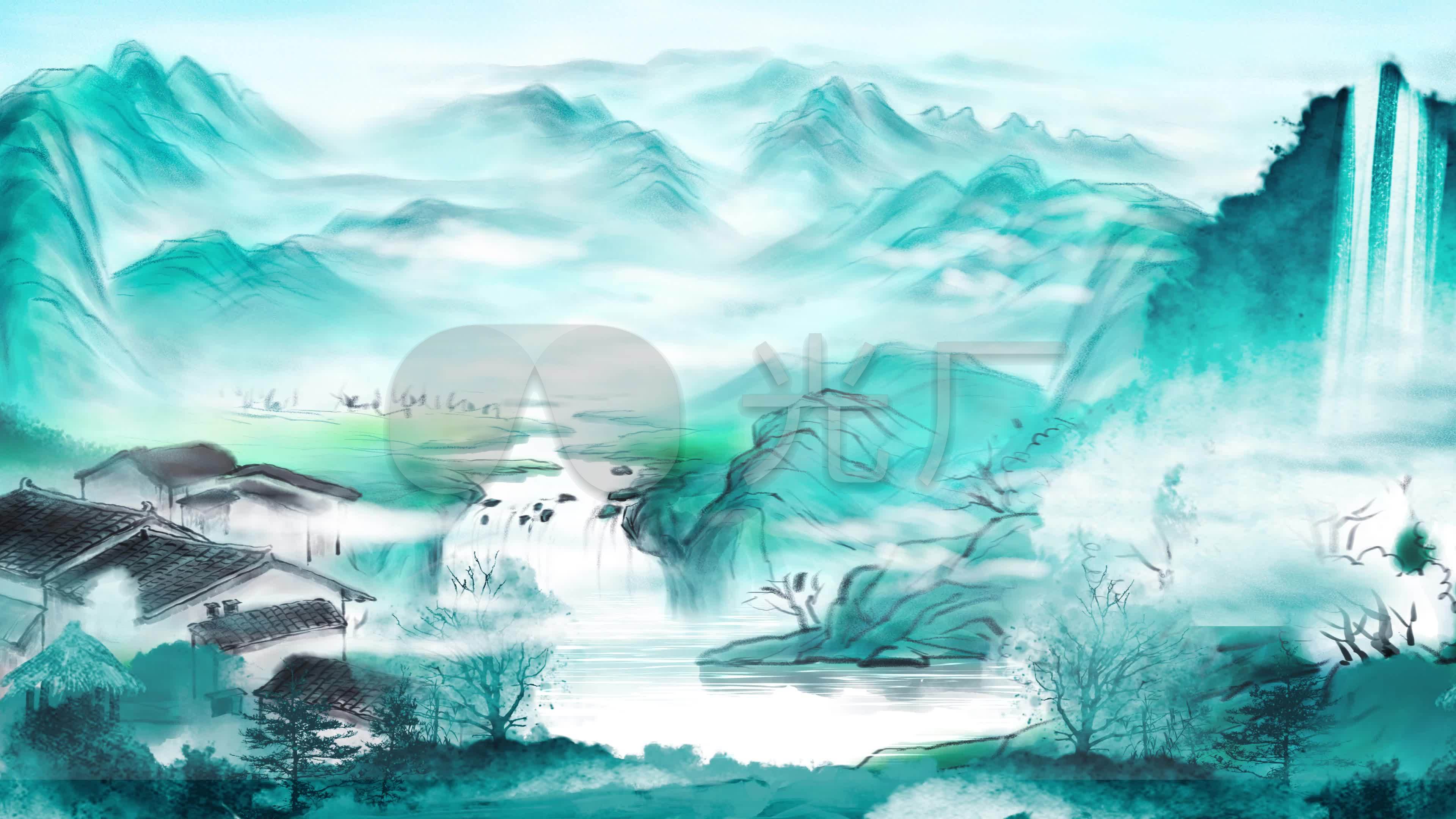 4k古色古香水墨中国风山水画古典意境背景