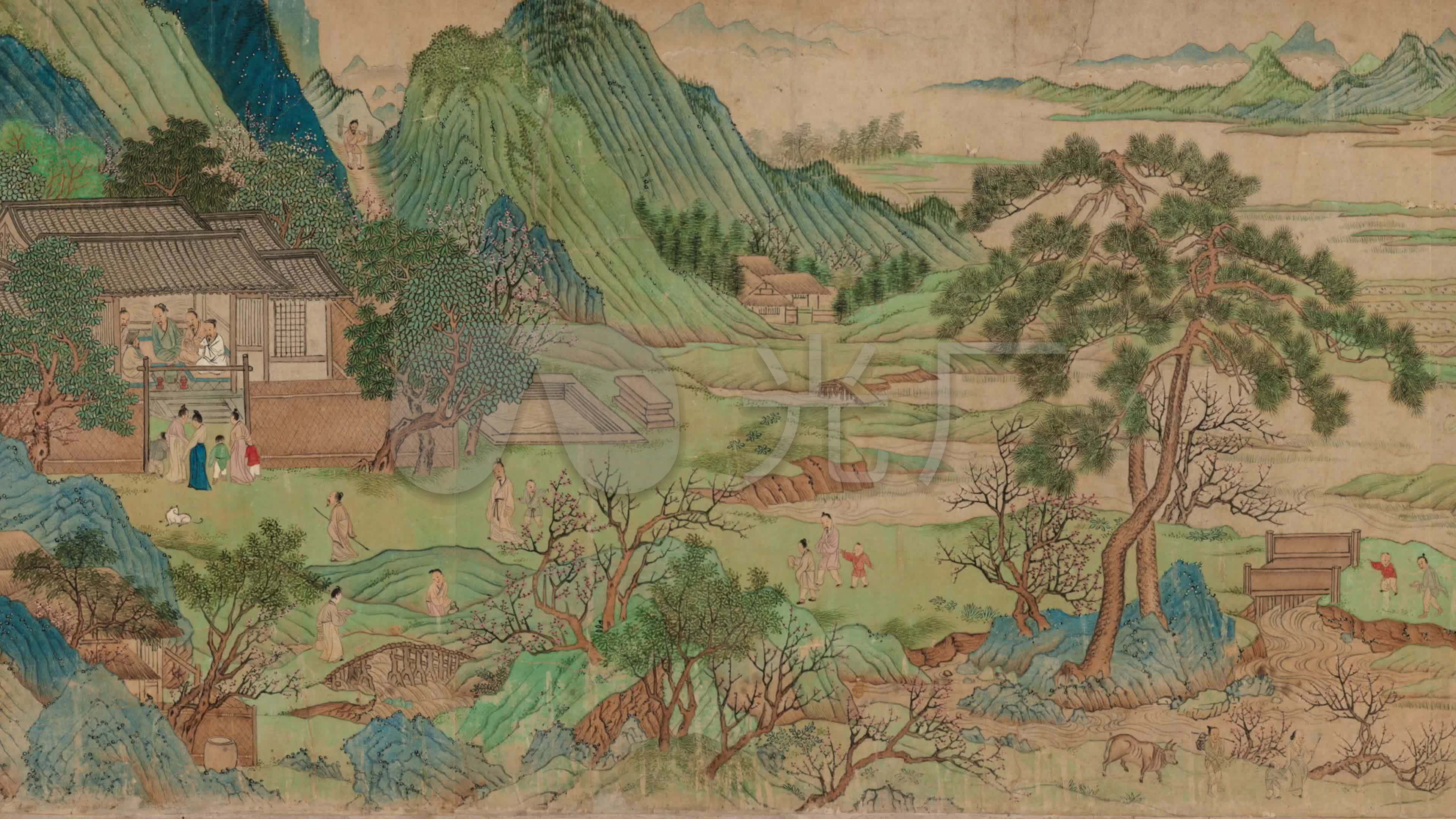 仇英《桃源图卷》_3840x2160_高清视频素材下载(编号